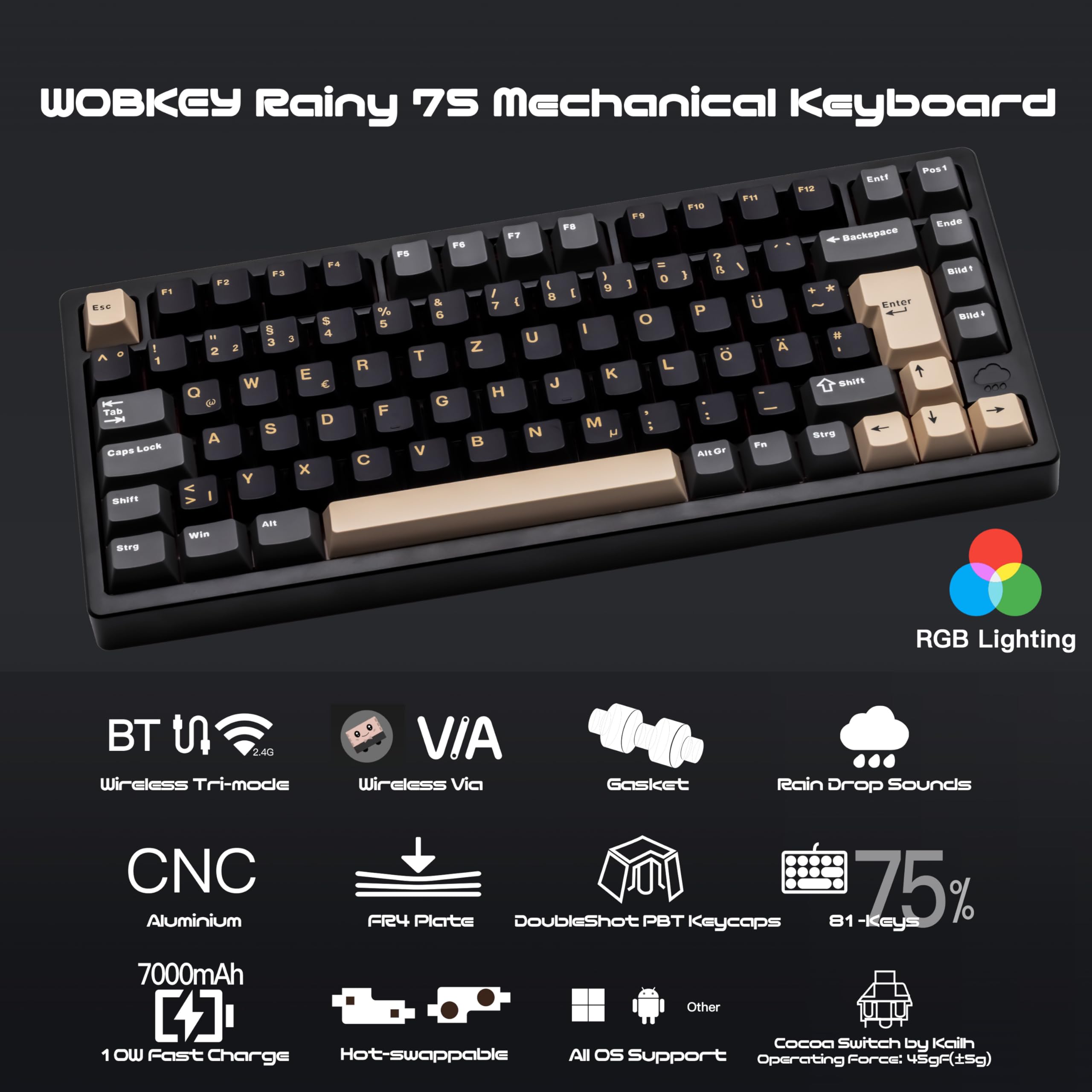 Wobkey Rainy 75 Zentimeter Aluminium Tastatur HMX/JWK Switches Wired BT 24G - Dettaglio