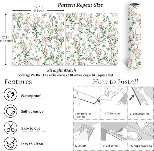 Miniatura 8 de VEELIKE Papel tapiz floral rosa turquesa para despegar y pegar, papel tapiz bohemio de flores de prado, 17.7 x 118 pulgadas, papel tapiz botánico