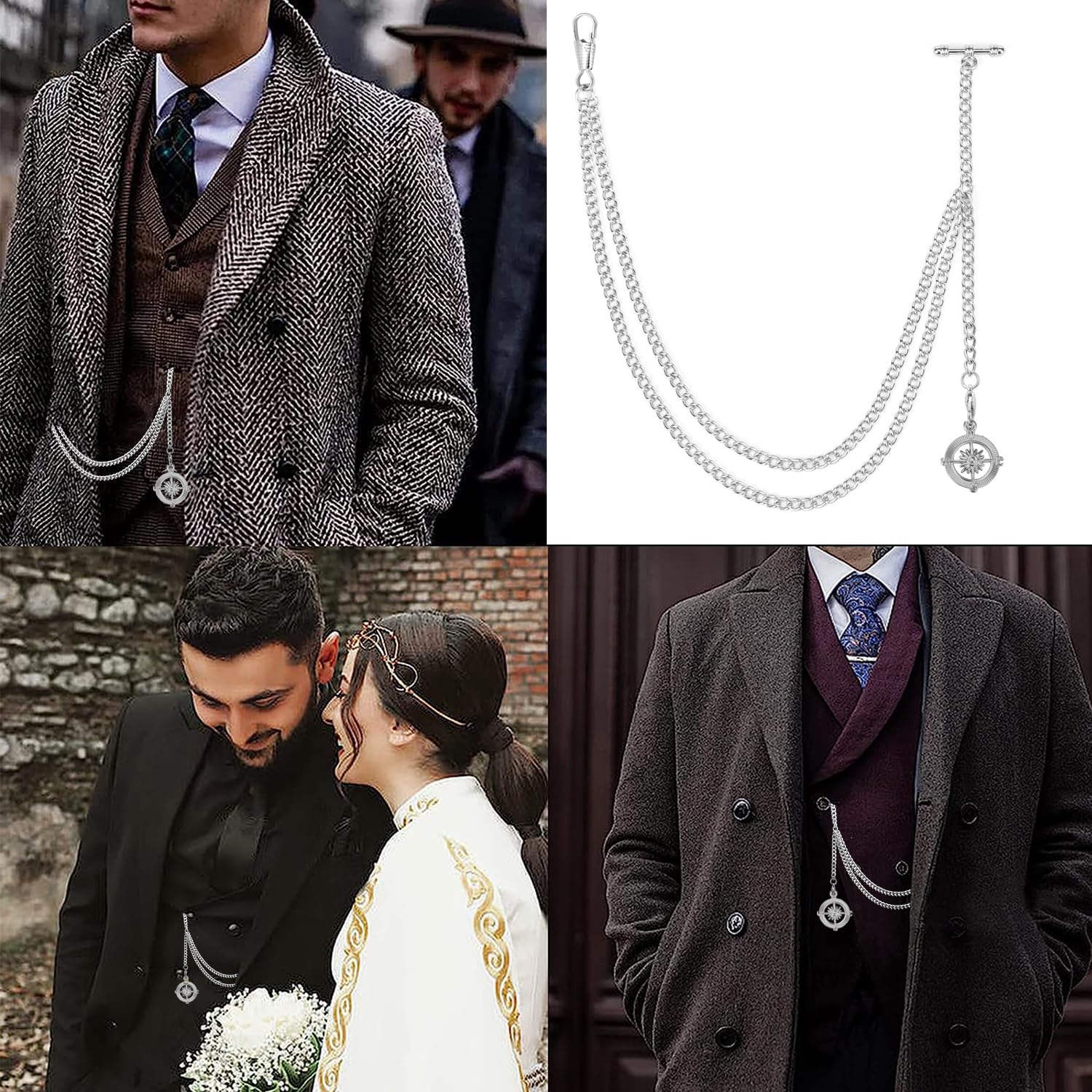 ManChDa Pocket Watch Albert Chain Pocket Watch and Chain, T-Bar Chain with Compass Pendant, Curb Link Chain 2 Hook Antique Fob T Bar for Men