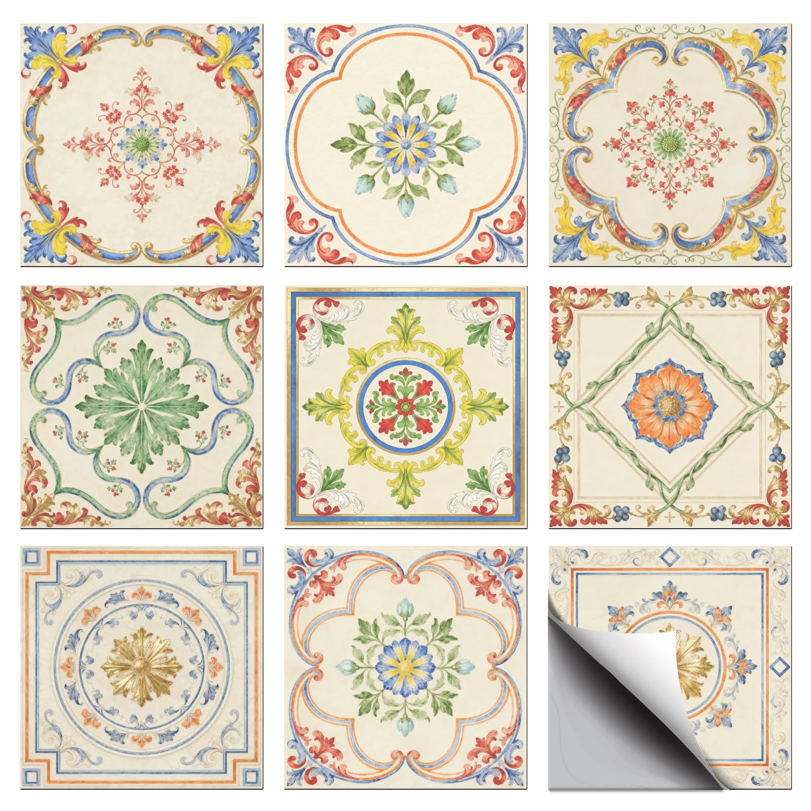 CONCHLERY 36 Pcs 9 Styles Retro Beige Colourful Pattern Peel and Stick Tile Stickers Waterproof Self Adhesive Decals, for Kitchen Bathroom Home Wall Art Decor 4x4 Inch