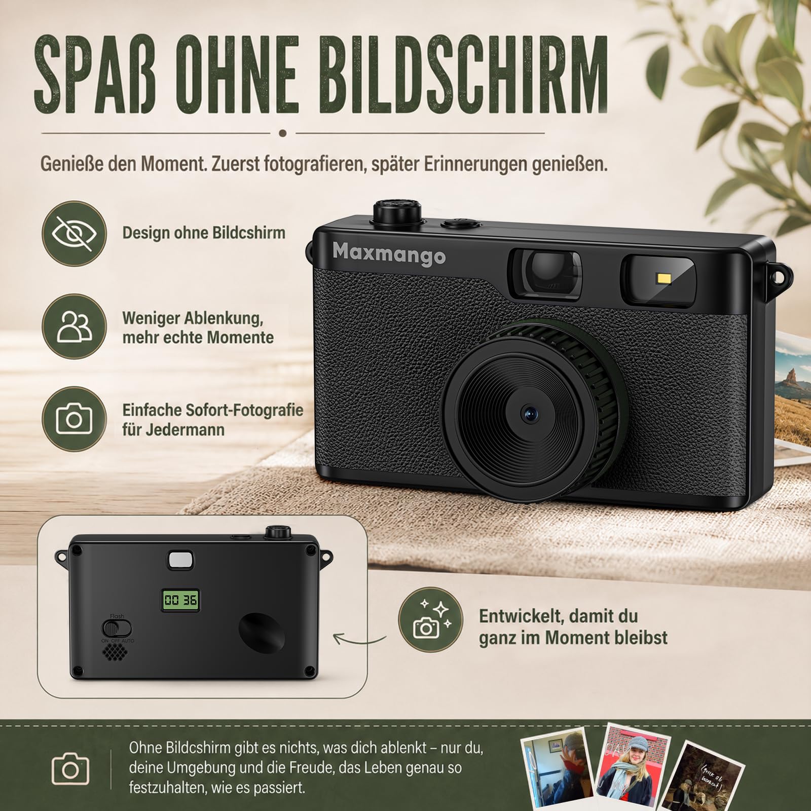 Maxmango D53 Retro Digitalkamera ohne Bildschirm, Einwegkamera-Ersatz, USB-C, 8GB SD-Karte, Schwarz