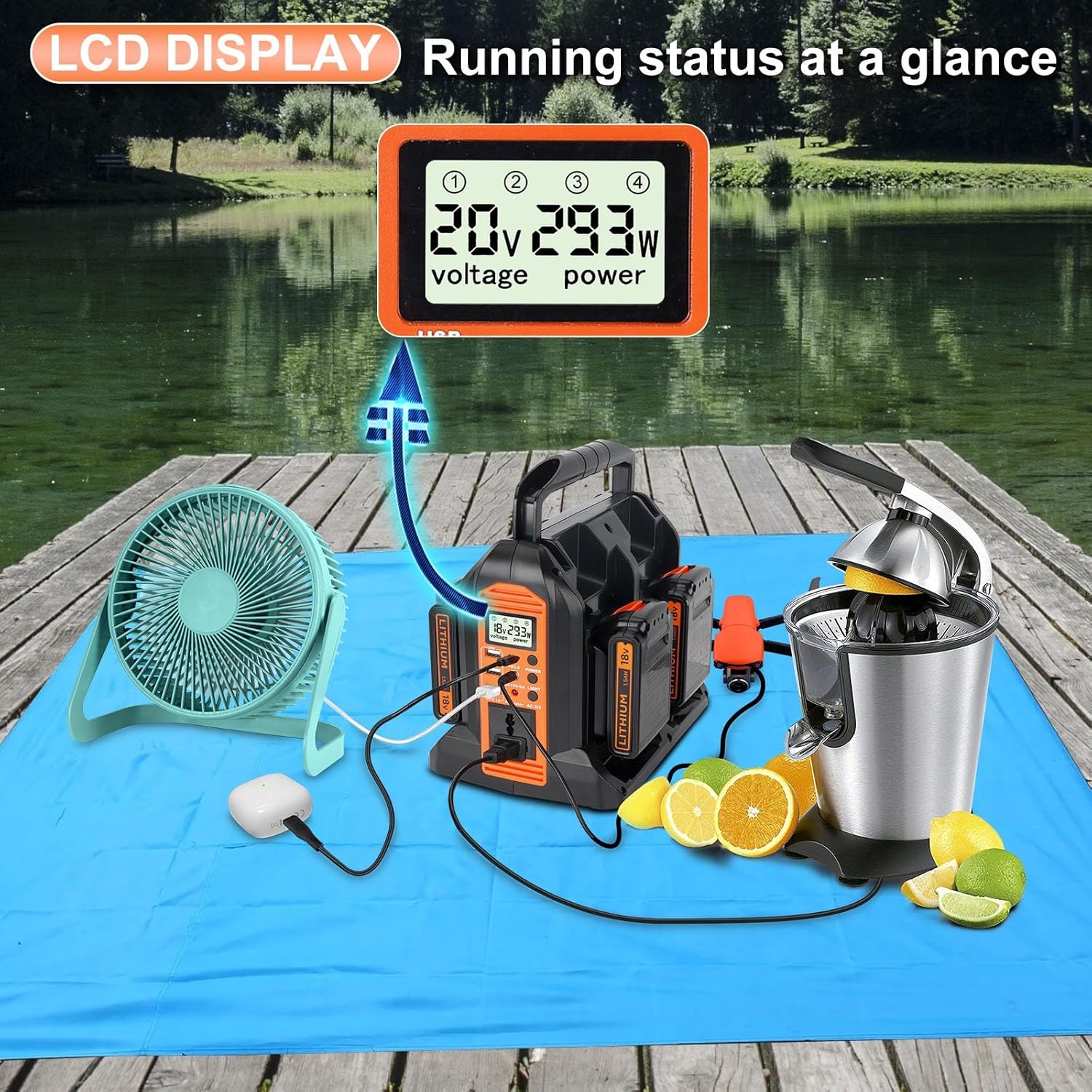 DC 20V to AC 120V Power Inverter for Black and Decker 20V Battery, 350W Pure Sine Wave Power Portable Inverter Converter with LCD Display and LED Light, 4 Battery Port