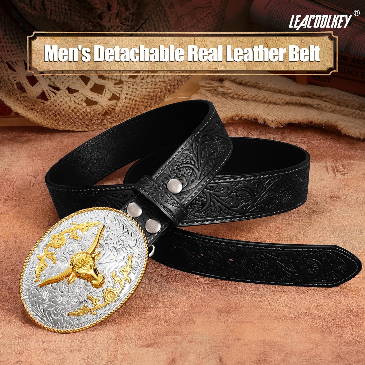 LEACOOLKEY Men's Leather Belt Western Cowboy Leather Belt for Jeans Pants Snap Belt with Detachable Buckle - Image 5