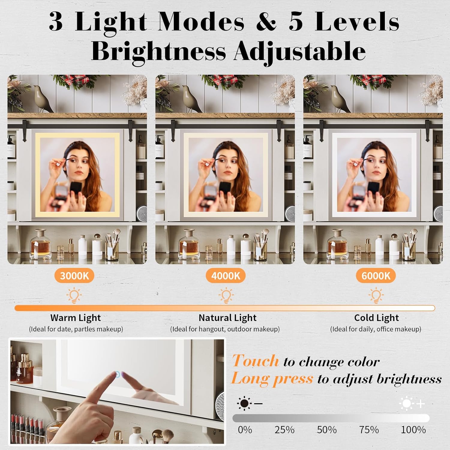 Mirror with 3 light modes and 5 brightness levels