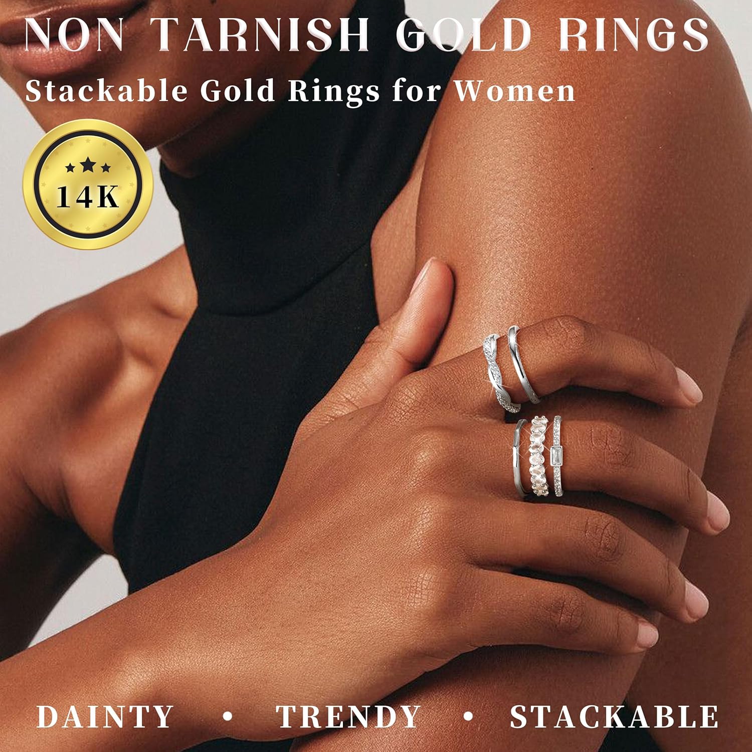 Gold Stackable Rings for Women Non Tarnish,14K Gold Plated Minimalist Waterproof Thin Wedding Silver Stacking Band Ring Dainty Trendy Statement Rings Set Size 5-10 - Image 2