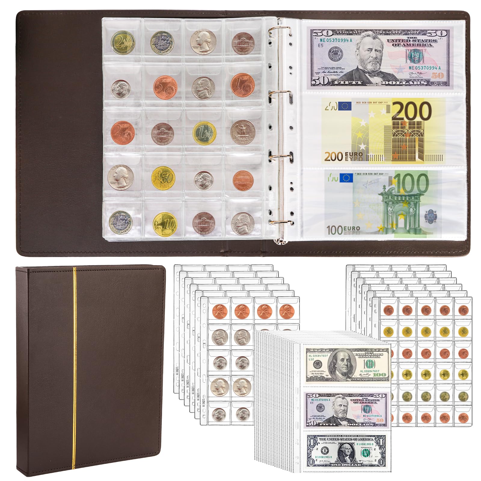 Jucoan 360 Pockets Coin Currency Collection Book Holder for Collectors, 300 Pockets Coin Collection Album and 60 Sleeves Paper Money Banknote Binder, Coin Currency Collection Supplies, Brown