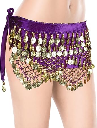 Belly Dance Hip Scarf, Womens Chiffon Belly Dancing Scarf with 300 Gold Coins for Yoga Class