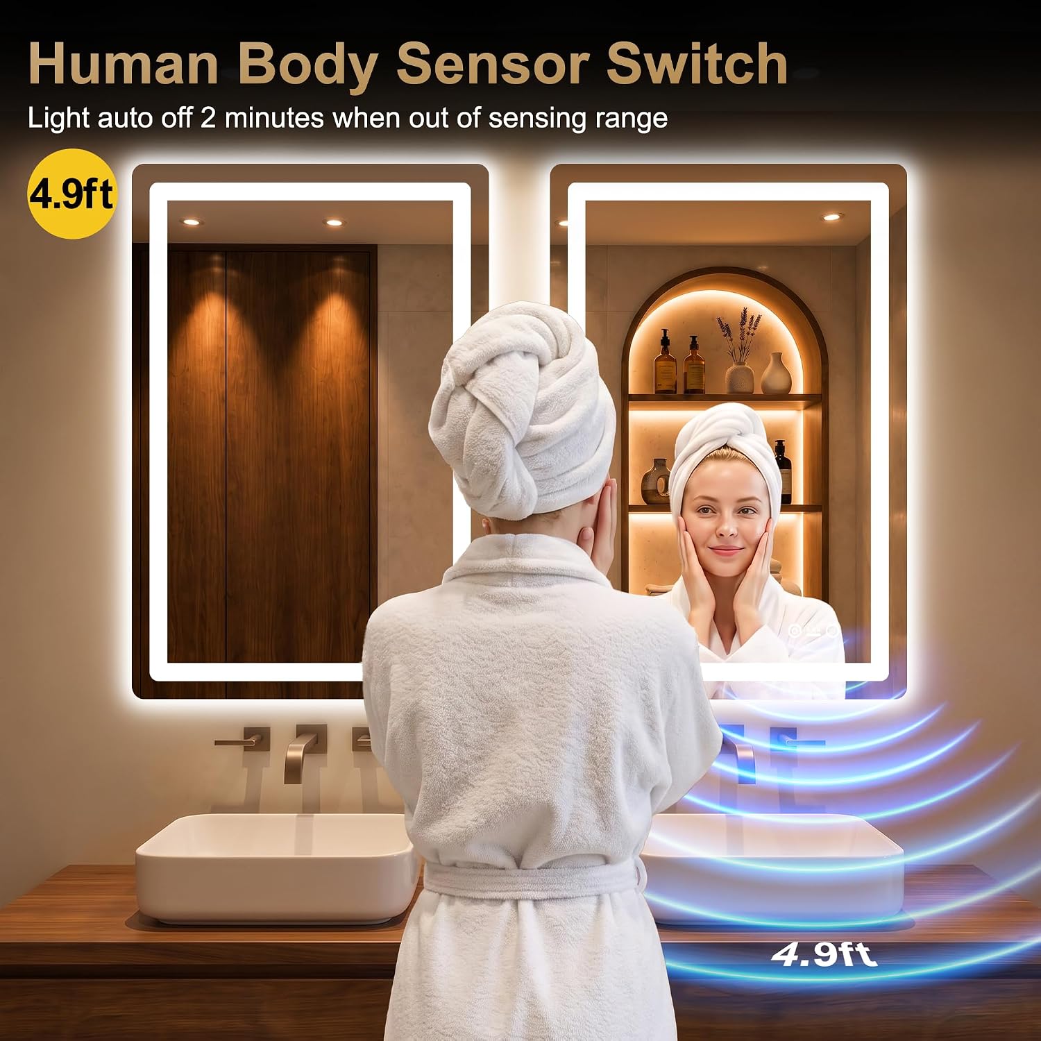 LED Bathroom Vanity Mirror with Lights, 36"x24", Motion Sensor Auto On/Off