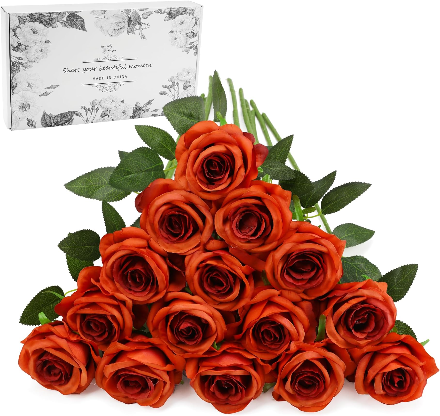 Orange Fake Roses Artificial Flowers - 16 Pcs Fake Artificial Roses Silk Flowers with Stems for Home Wedding Hotel Office Centerpiece Decor（Burnt Orange）