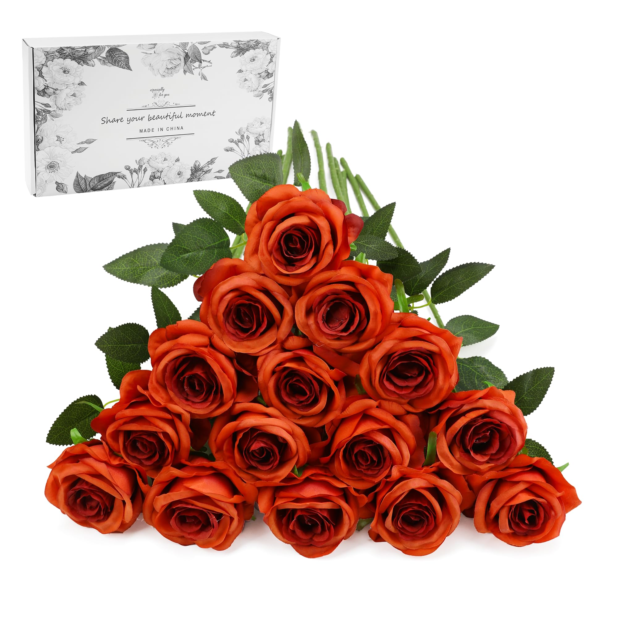 Orange Fake Roses Artificial Flowers - 16 Pcs Fake Artificial Roses Silk Flowers with Stems for Home Wedding Hotel Office Centerpiece Decor（Burnt Orange）