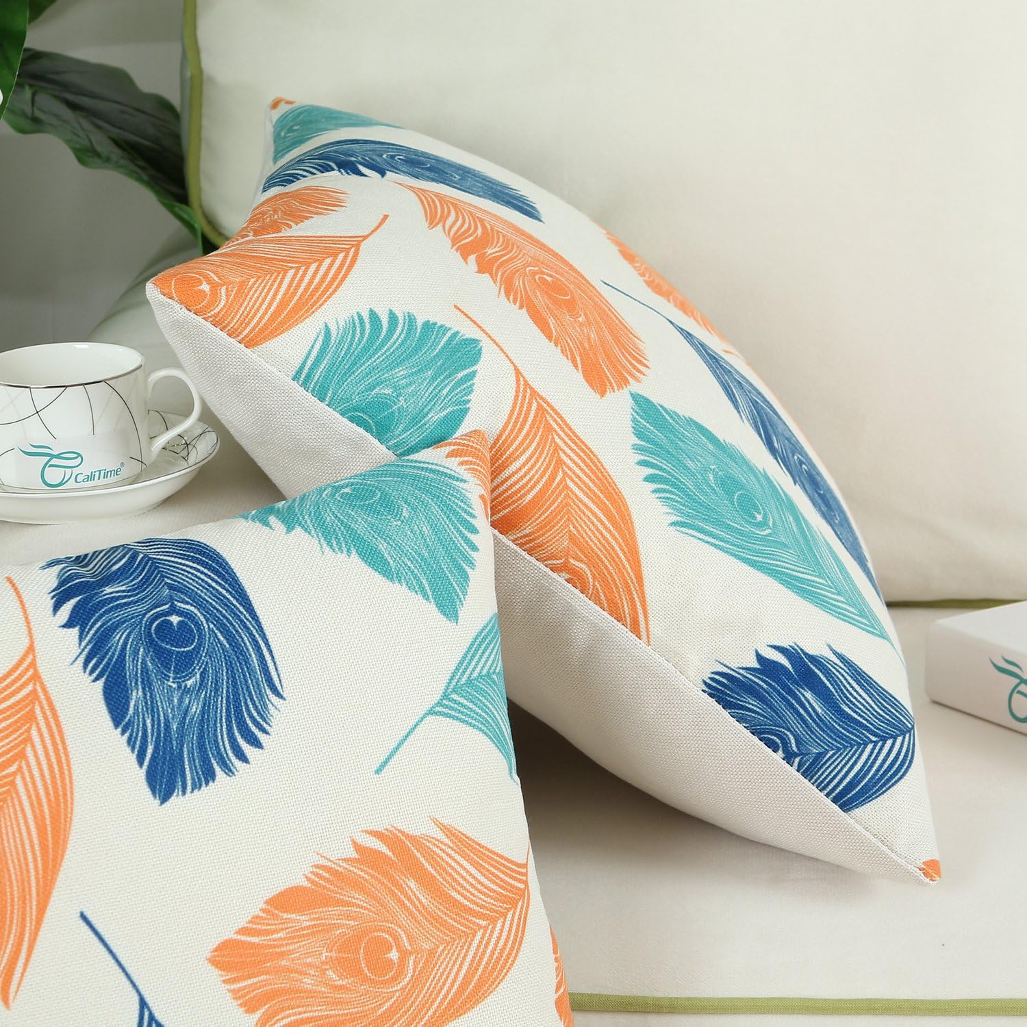 CaliTime Canvas Throw Pillow Cover Case for Couch Sofa Home Decoration Peacock Feathers 20 X 20 Inches Orange Turquoise Blue