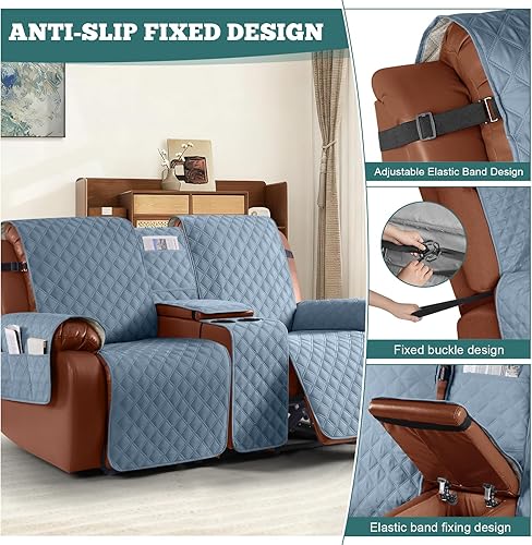 Miniatura 6 de Ruaozz Funda impermeable para sofá biplaza reclinable con consola, funda antideslizante para sofá reclinable dividido, con correas elásticas,