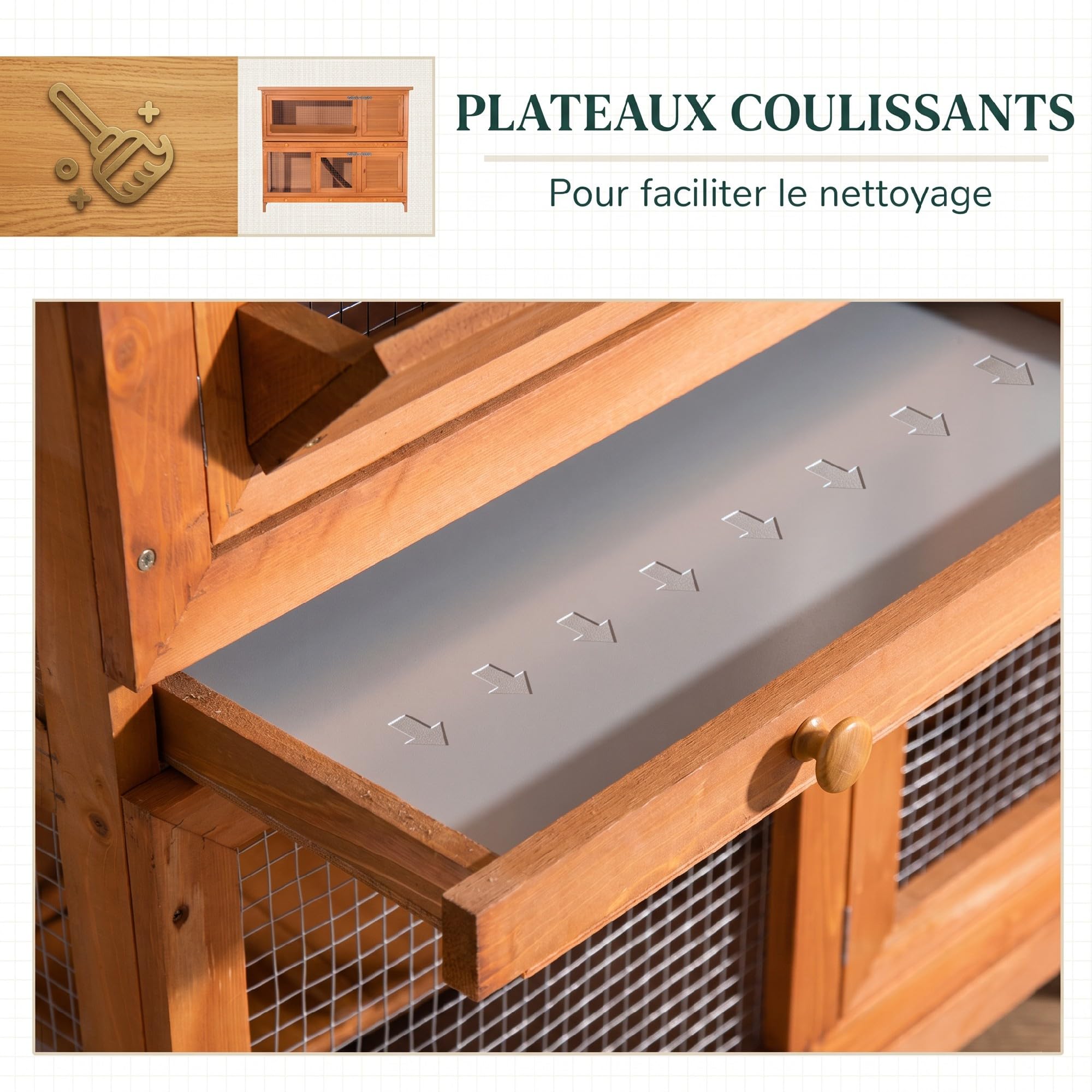 PawHut Cage à Lapin de Grande Taille en Bois de pin avec 2 étages, Toit ouvrant, râtelier à Foin, poulailler clapier dim. 120L x 48l x100H cm