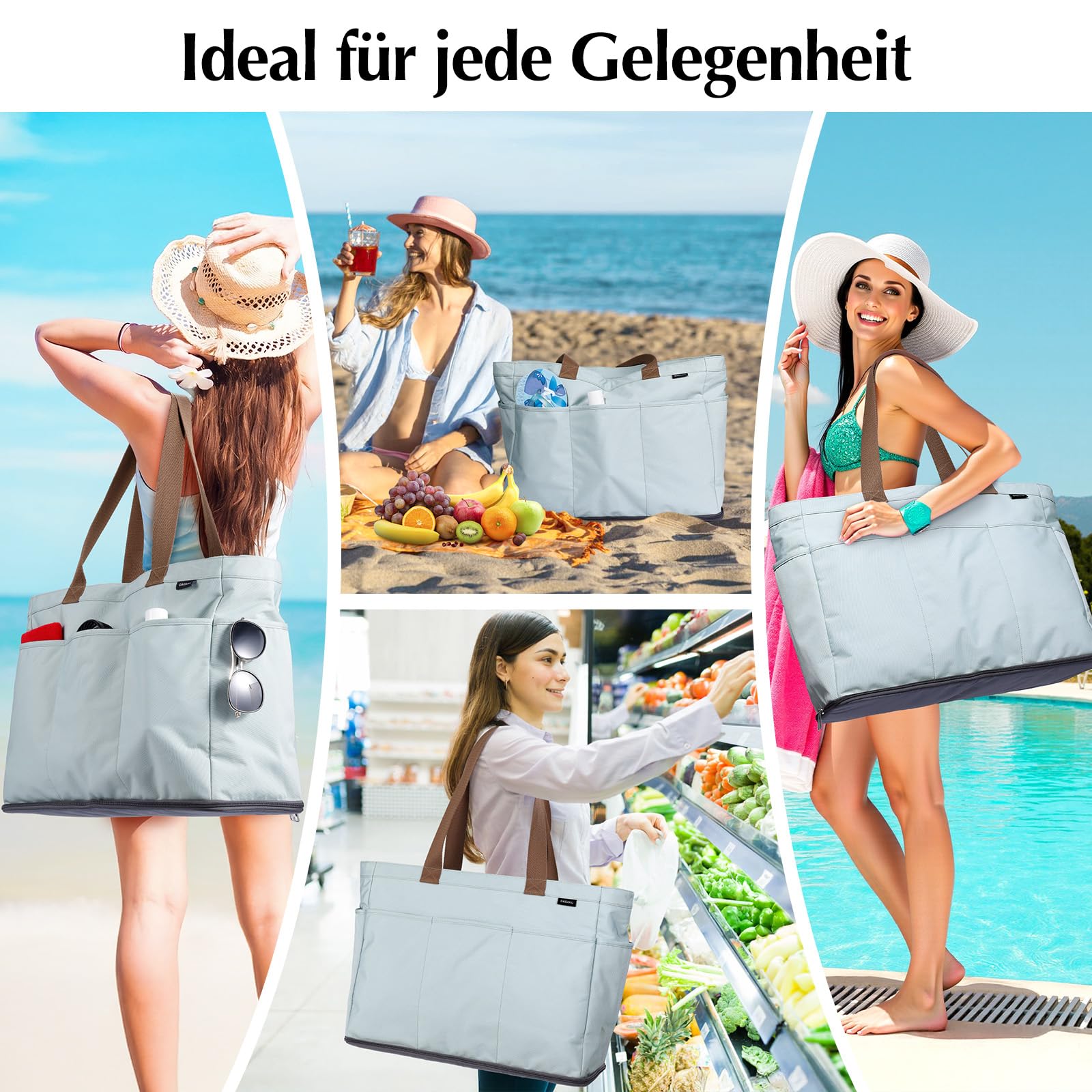 GAGAKU Strandtasche XXL mit Kühlfach, Wasserfest Beach Bag mit Reißverschluss, Faltbar, 50x38x19cm