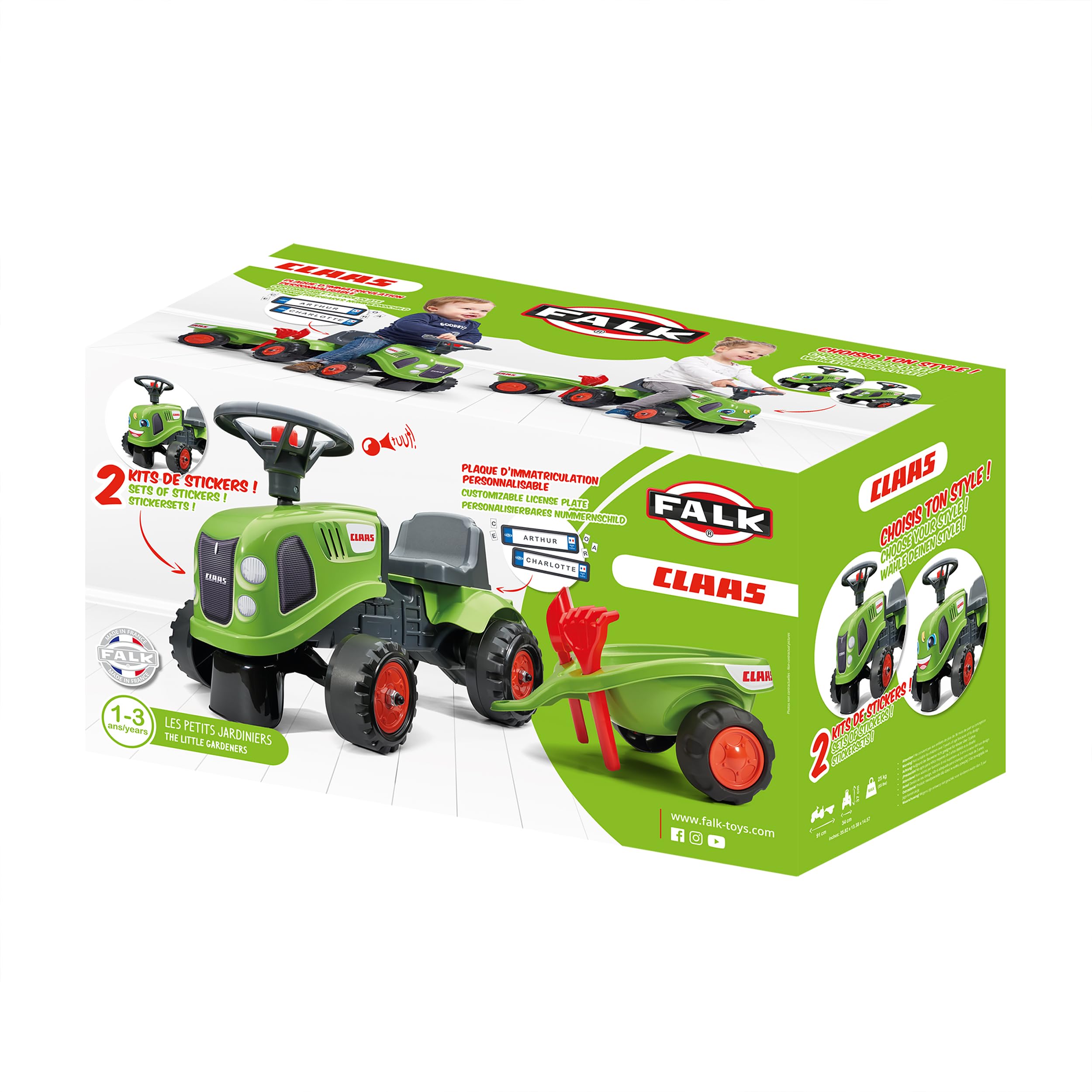 Falk Claas Traktor mit Anhänger, Rechen und Schaufel, 2 Sets Aufkleber, Rutschspielzeug für Kleinkinder + 1 Jahr FA212C