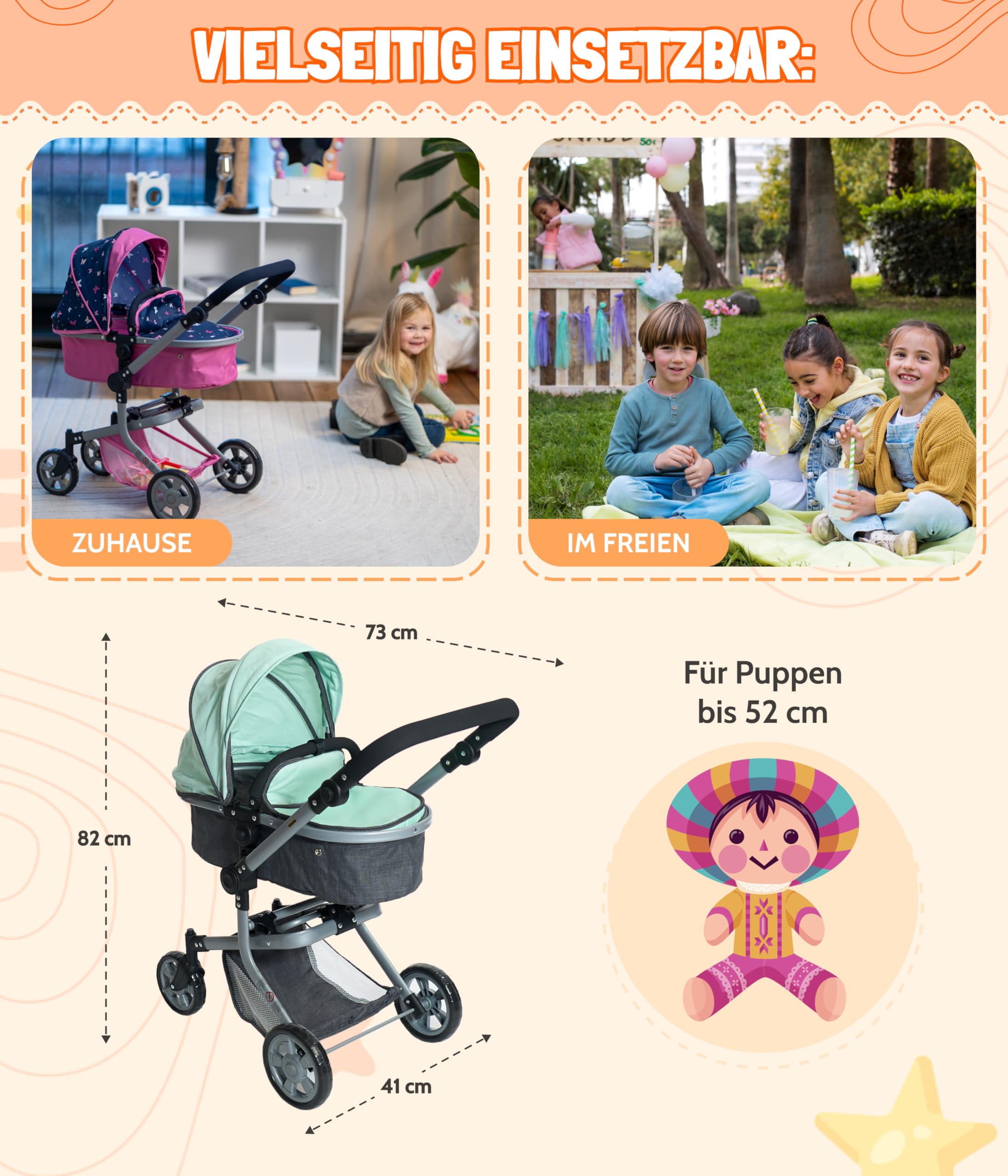 Bayer Chic 2000® 2in1 Puppenwagen Mika – Melange Mint – faltbar – höhenverstellbarer Griff 47-80 cm – modernes Gestell – Puppen bis 52 cm – 4-8 J.