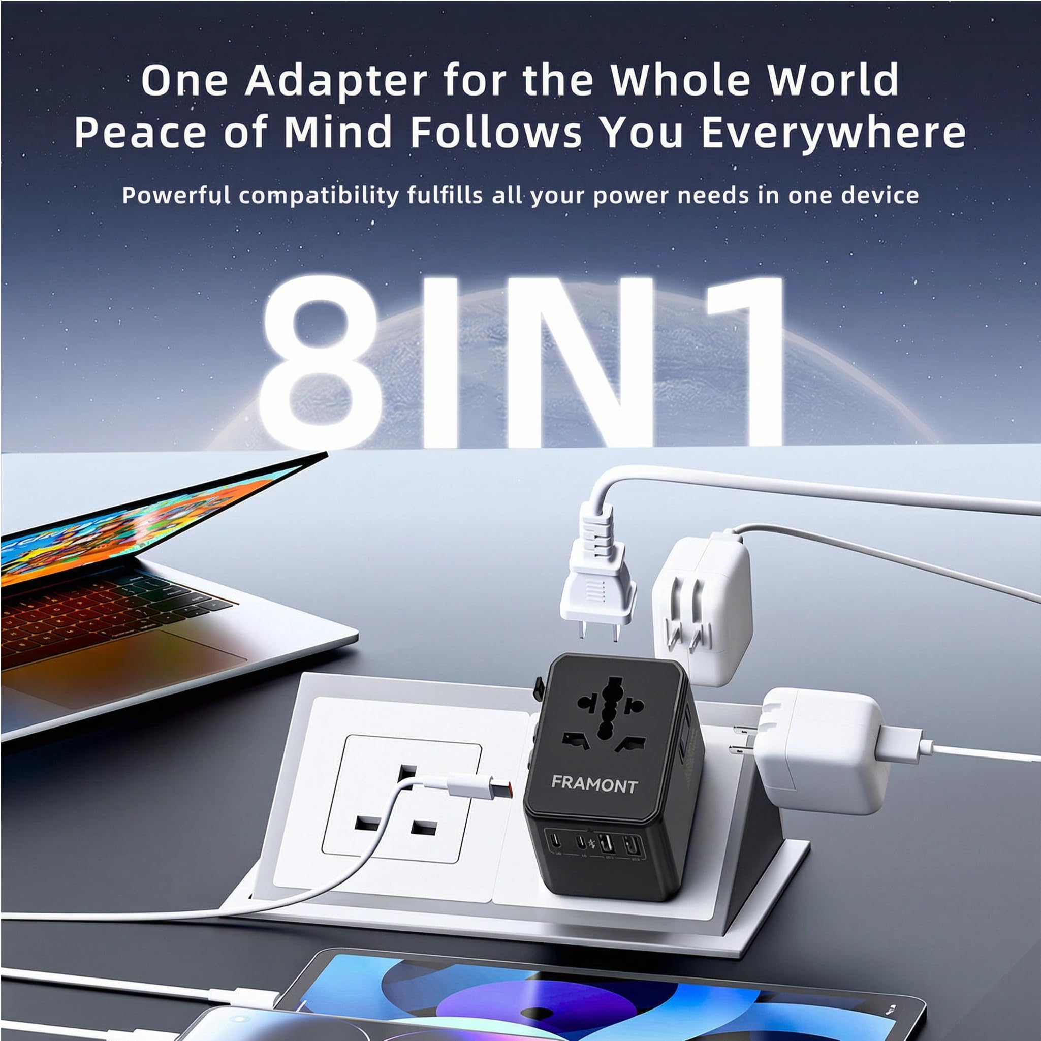 Framont 70 W GAN III uniwersalny adapter podróżny - szybkie ładowanie 5 urządzeń w +150 krajach. Porty USB-C i USB-A w zestawie etui podróżne Premium. Idealne na biznes i wakacje.
