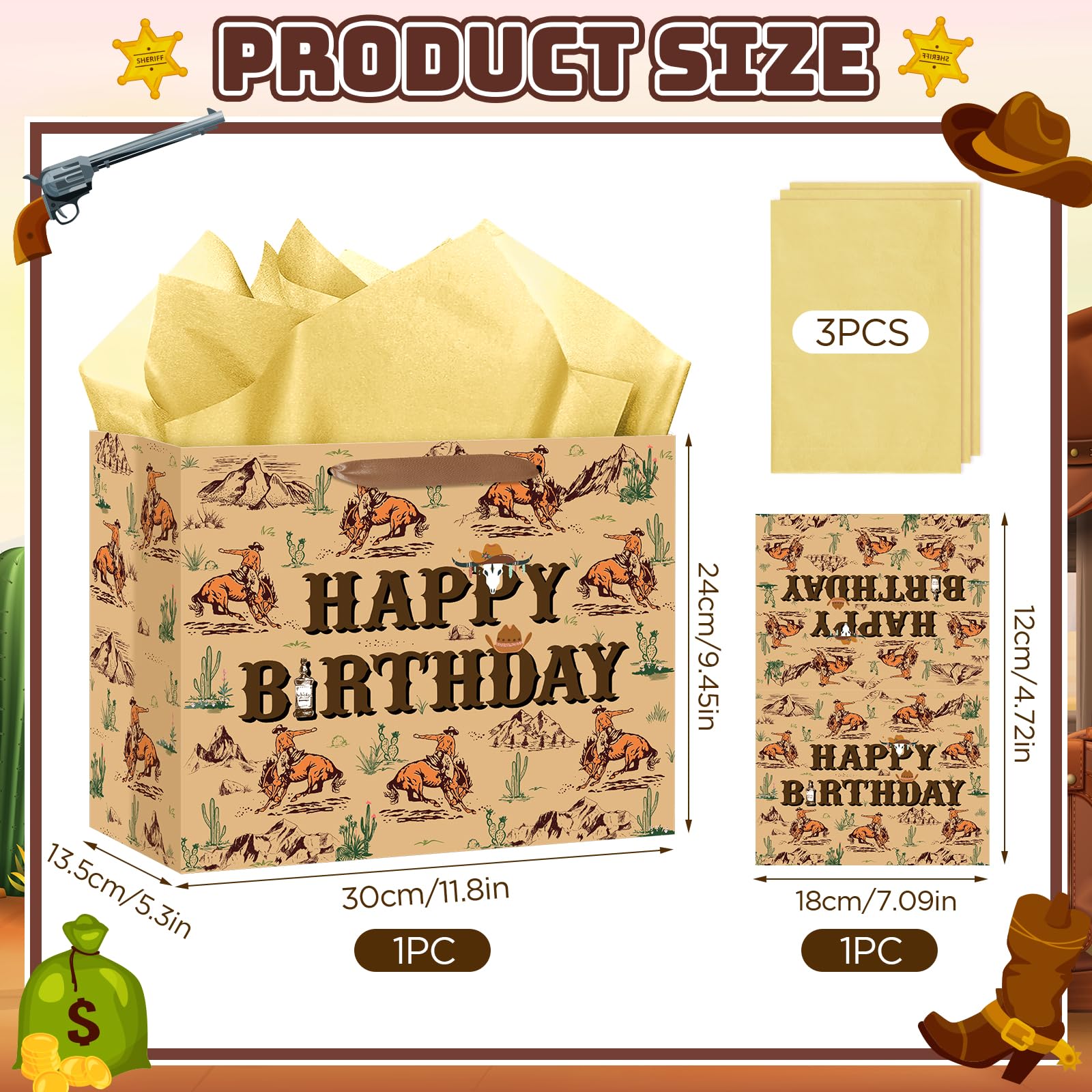 Wauprant Cowboy Birthday Gift Bags,Brown Western Rodeo Cowboy Wrapping Paper Gift Bag with Handles Greeting Card and Paper,Riding Horse Wild West Party Decoration for Men Birthday Western Theme Party
