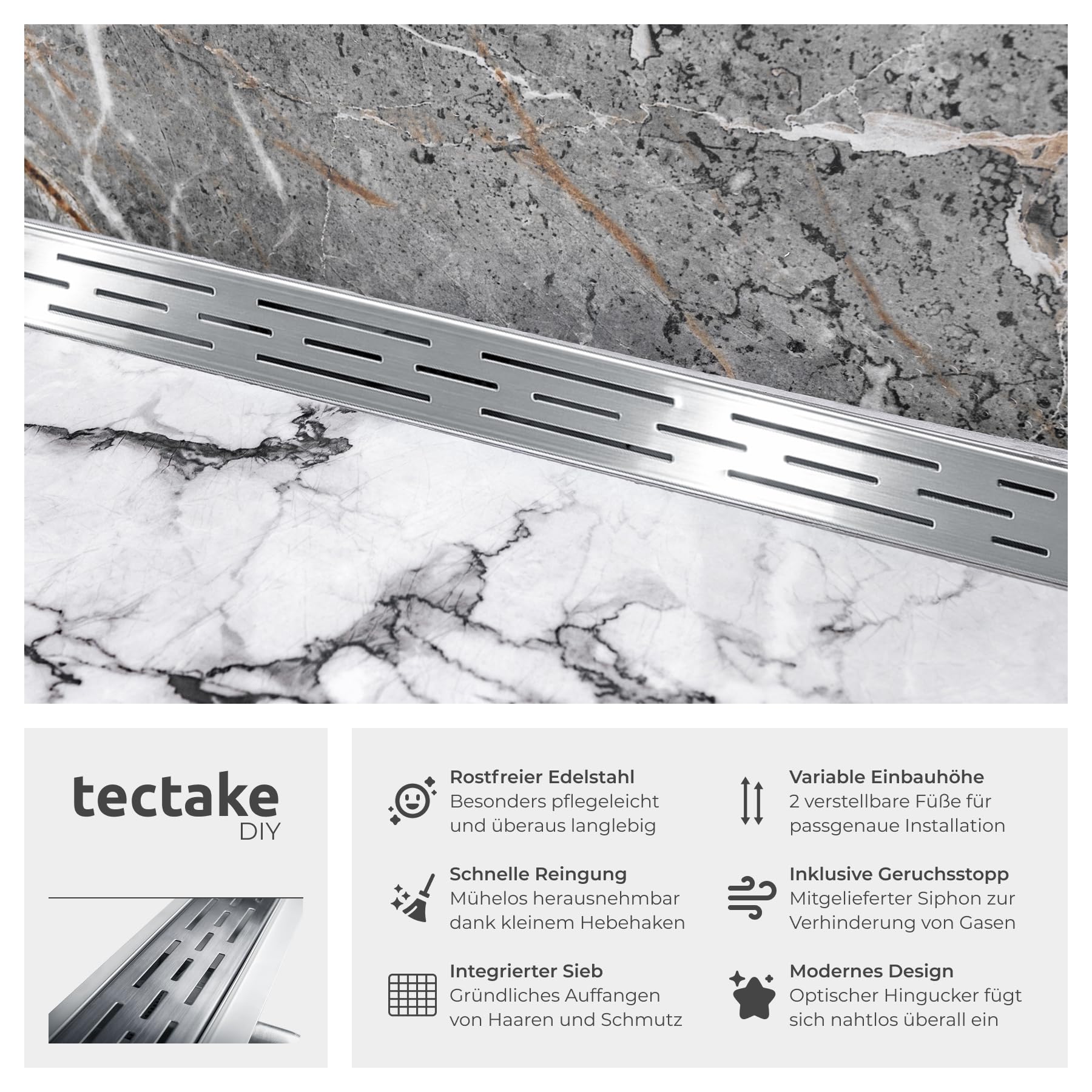 tectake® Edelstahl Duschrinne, Abfluss Dusche, Bodenablauf Dusche, begehbare Dusche, Ablaufrinne, Duschablauf, Duschabfluss Rinne mit Siphon, Sieb und Geruchsstopp - Duschrinne 60cm