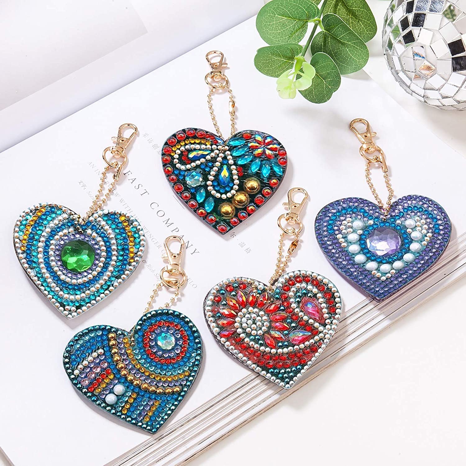 Demiawaking Set 5 Portachiavi Fai Da Te A Forma Di Cuore - Diamond Painting Con Strass - Ciondoli Per Borsa