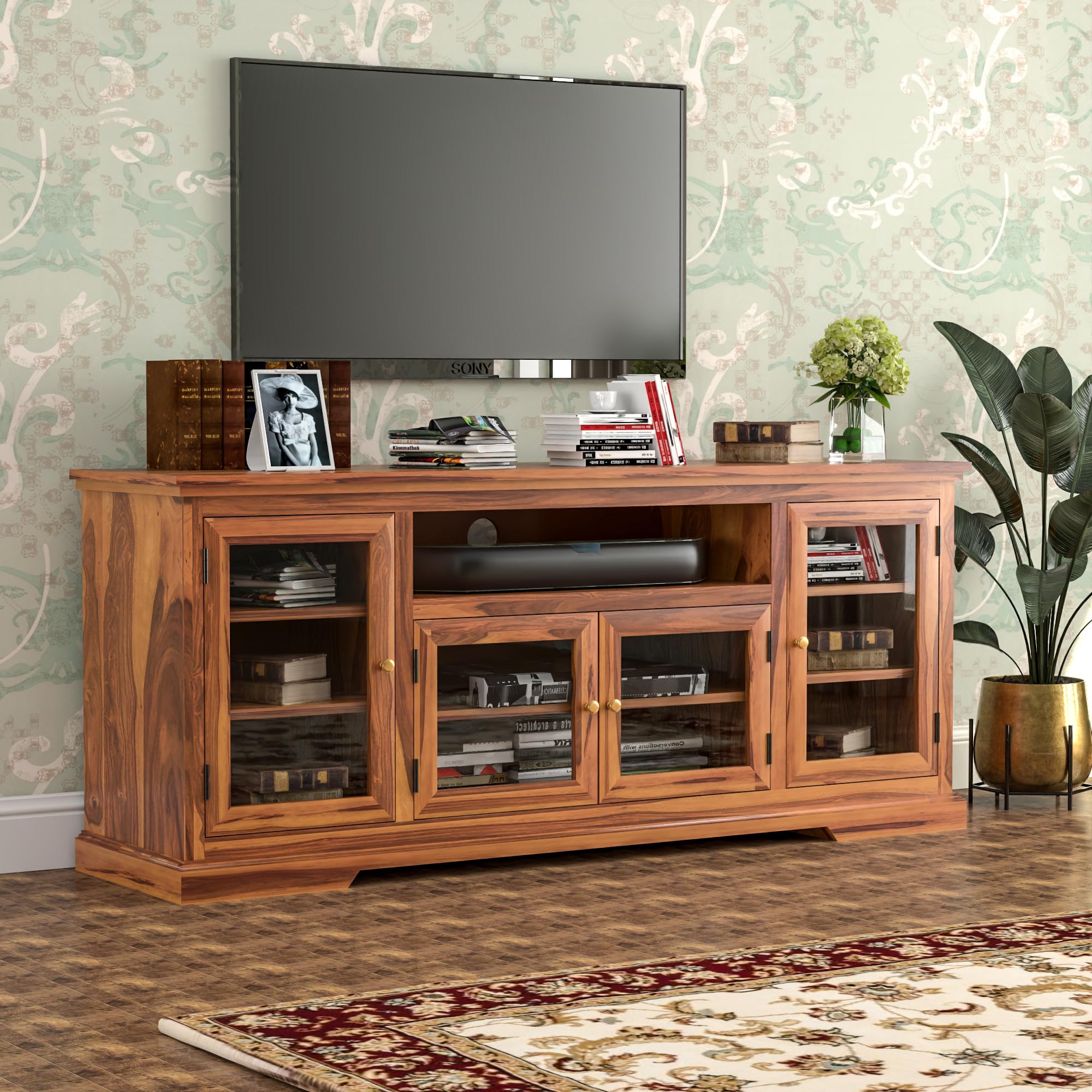 SS WOOD FURNITURE Sheesham Solid Wood Natural Finishing Tv Entertainment Unit for Home| for Bedroom - 18X70X30 Inch (Honey)