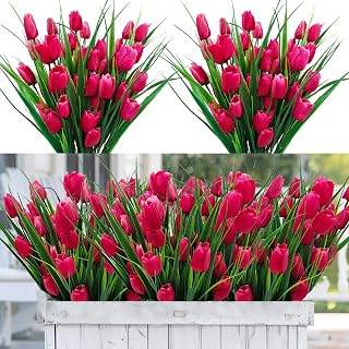 12 Bundles 60 Heads Artificial Tulips Fake Flowers Outdoor UV Resistant Silk Tulip Faux Plastic Greenery Shrubs Plants for Outside Planter Porch Garden Patio Decor (Rose Red)