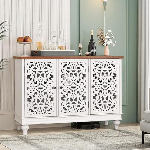 Miniatura 3 de MFSTUDIO Accent Wood Storage Cabinet, Large Farmhouse Hollow-Carved Buffet Sideboard with 3 Doors Decorative Storage Cabinets for Living Room