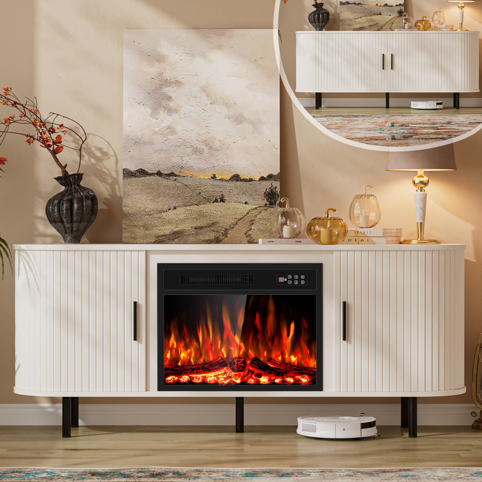 Kucreiheat Fluted TV Stand with Fireplace
