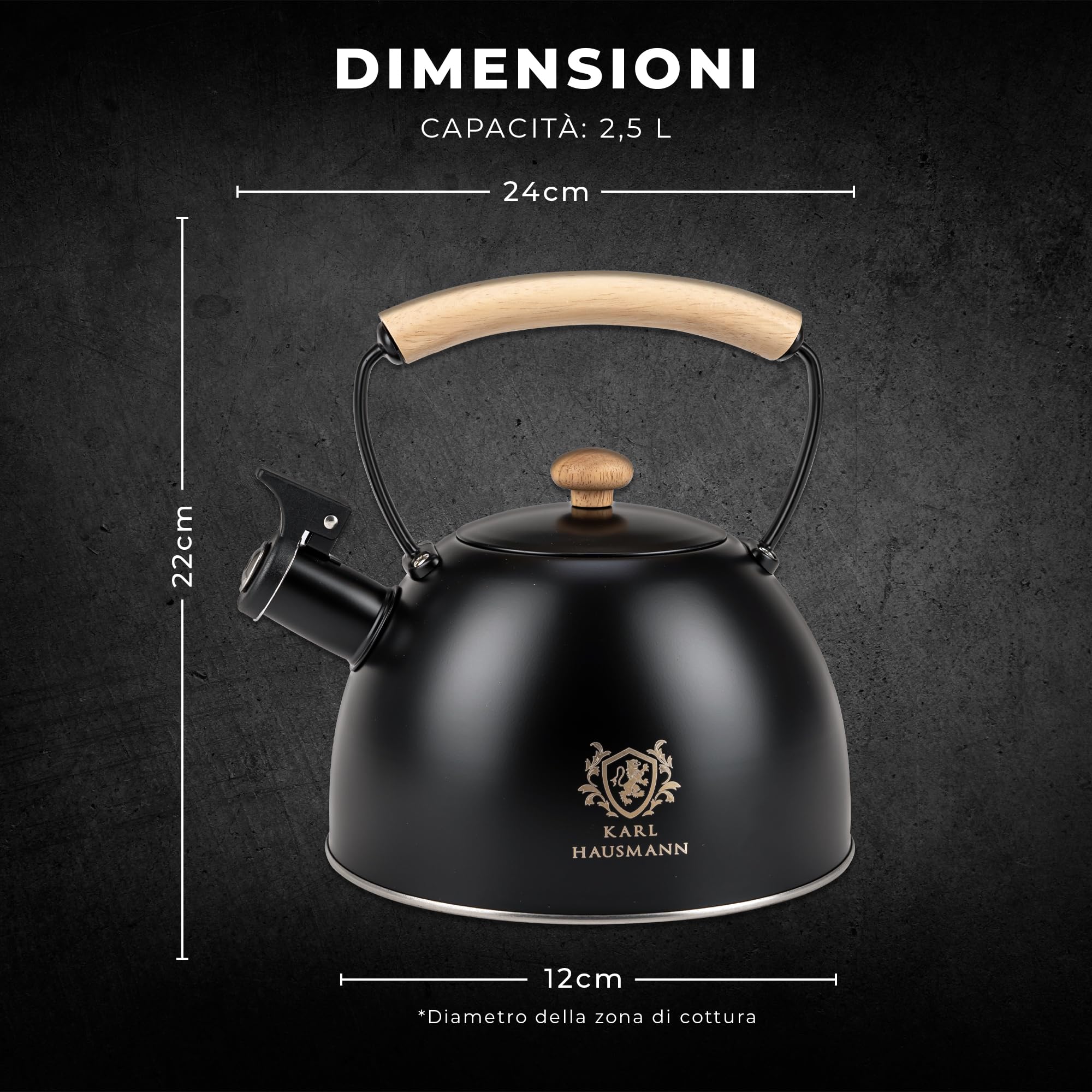 KARL HAUSMANN Bollitore Induzione 2,5L Acciaio Inox con Fischio - Teiera per Piano a Gas, Vetroceramica ed Elettrico - Bollitore Acqua Cucina con Coperchio