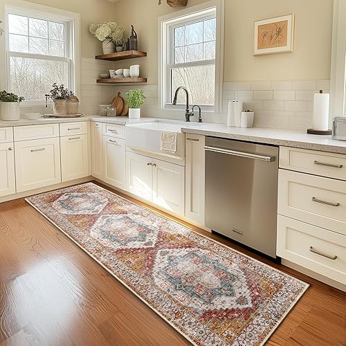 Miniatura 6 de Alfombra lavable de 2 x 8 pies, antideslizante, alfombra de pasillo de pelo bajo, tapete con estampado envejecido, alfombra de área suave para