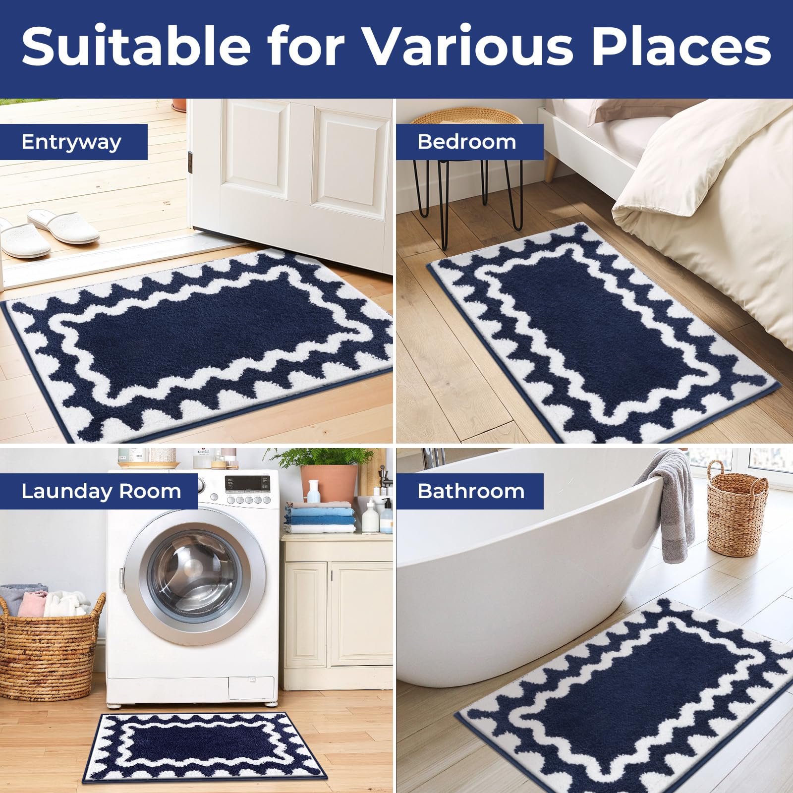 Juego de 3 Alfombra Baño Antideslizantes Alfombrilla Baño de Pelo Largo y Suave, Lavables a máquina, Azul Marino + Blanco
