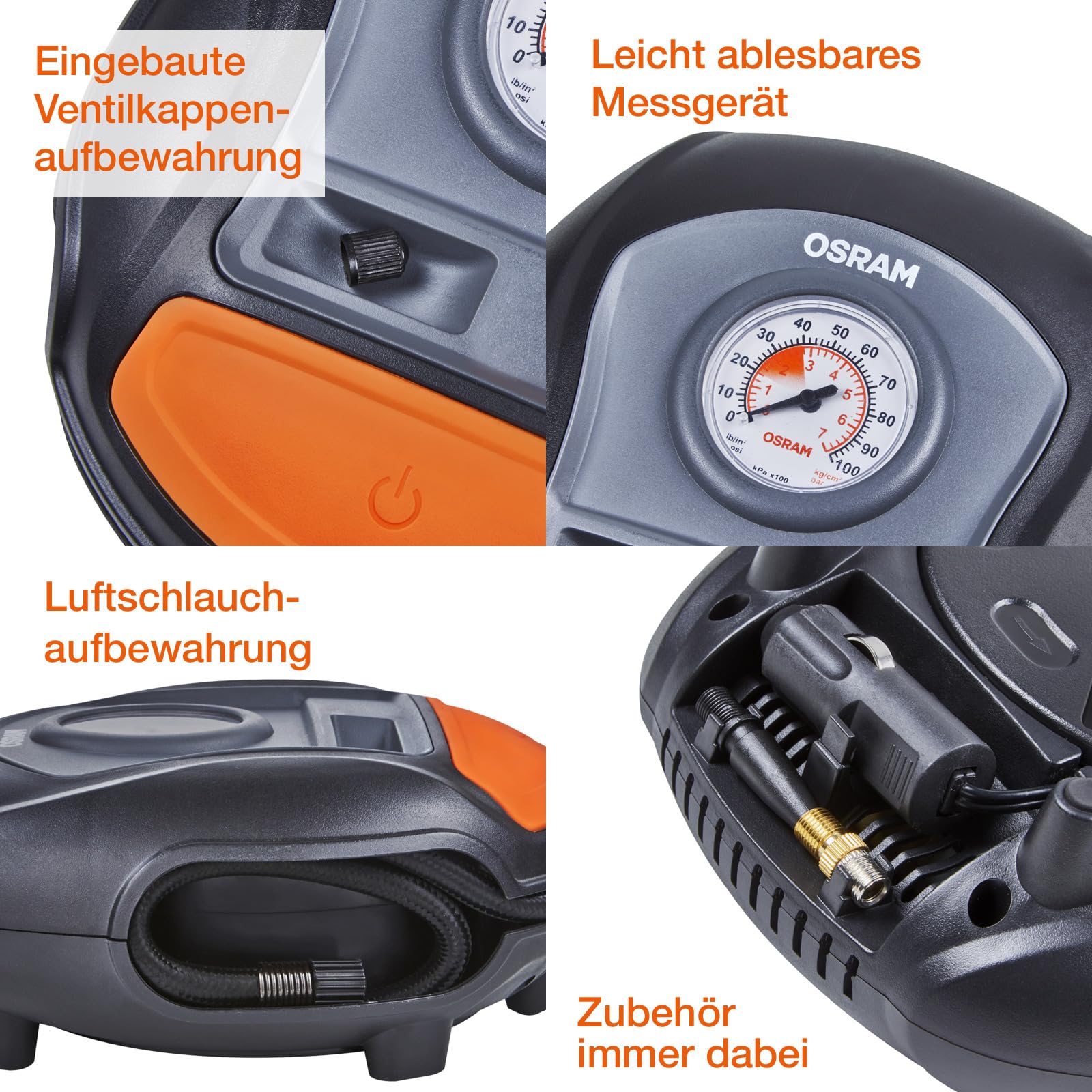 OSRAM TYREinflate 200, Analoge Reifenpumpe, tragbarer 12V Kompressor für Autoreifen, Stromanschluss via Zigarettenanzünder, Reifenbefüllung in 4,5 Minuten