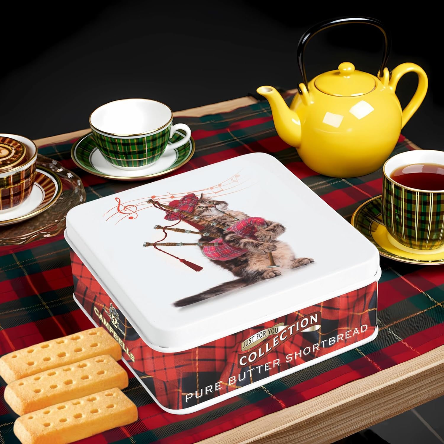 Campbells Shortbread Fingers Cat with Bagpipes Tin 3.2 Oz / 90g (Pack of 3) - Pure Butter Scottish Shortbread Cookies from Scotland, British Tea Biscuits, Butter Cookies Gift Tin, Scottish Snacks
