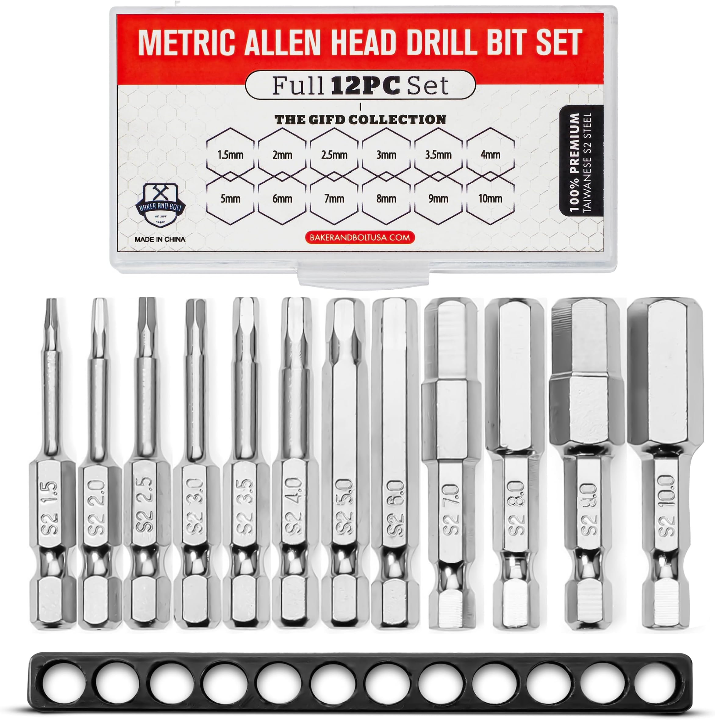 Metric Allen Wrench Drill Bit Set - Premium 12pc Complete SAE Set w/Storage Case and Bit Holder - 1.5mm - 10mm 1/4in Hex Shank Magnetic Bit Set - The GIFD Collection S2 Steel Long 2in drive heads