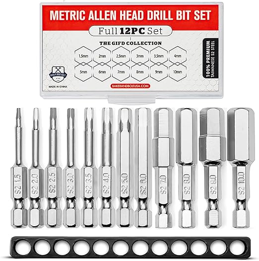 Metric Allen Wrench Drill Bit Set - Premium 12pc Complete SAE Set w/Storage Case and Bit Holder - 1.5mm - 10mm 1/4in Hex Shank Magnetic Bit Set - The GIFD Collection S2 Steel Long 2in drive heads