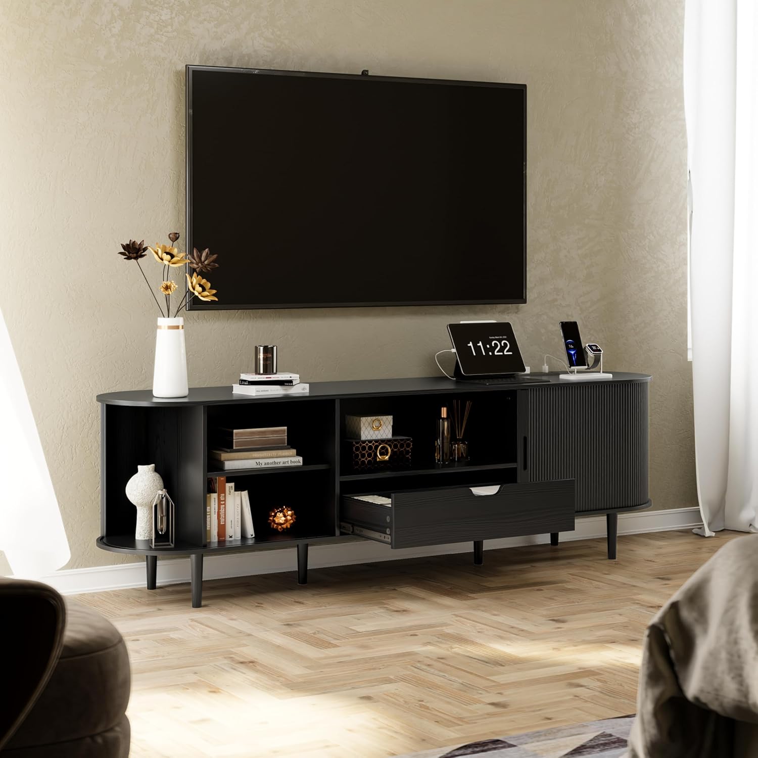 DHH 71" Fluted TV Stand with Power Outlet for TVs up to 80", TV Console with Adjustable Shelves and Sliding Door,Mid Century Modern Entertainment Center for Living Room,Bedroom (Black, 71Inch)