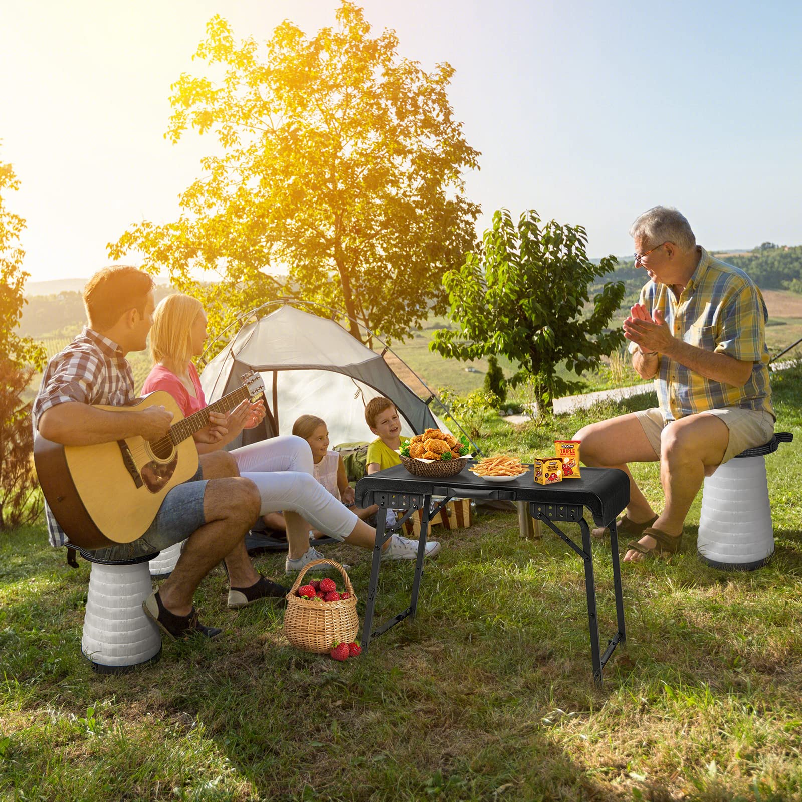 COSTWAY Set Tavolo da Campeggio con 2 Sgabelli LED Pieghevole, Set Tavolino Richiudibile in Valigetta Portatili, con Maniglia, Leggero, per Giardino Picnic BBQ