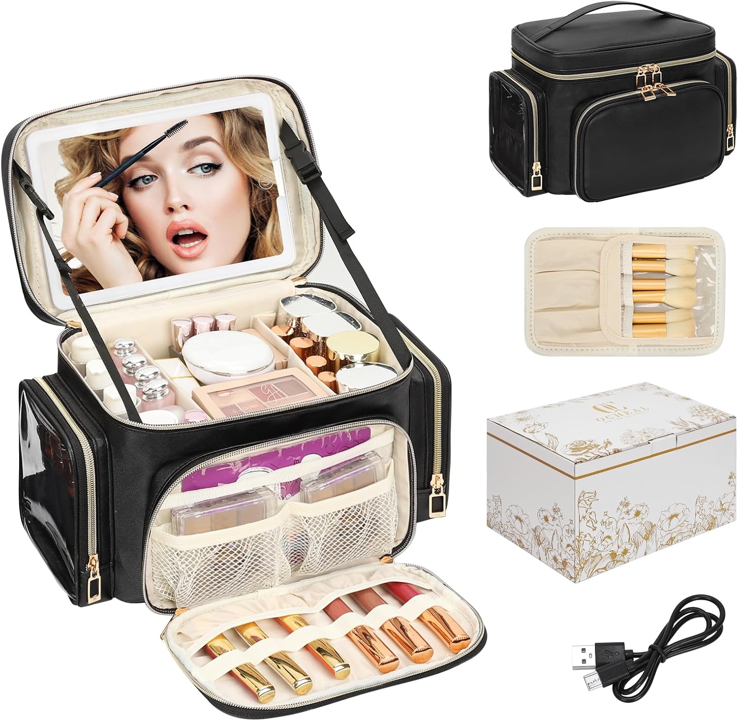 Large Makeup Bag with LED Mirror, Travel Makeup Bag Organizer for Women Girls with Makeup Brush Compartment & Two Side Pockets, 3 Color Lights Cosmetic Toiletry Bag- Leather Black