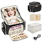 Large Makeup Bag with LED Mirror, Travel Makeup Bag Organizer for Women Girls with Makeup Brush Compartment & Two Side Pockets, 3 Color Lights Cosmetic Toiletry Bag- Leather Black