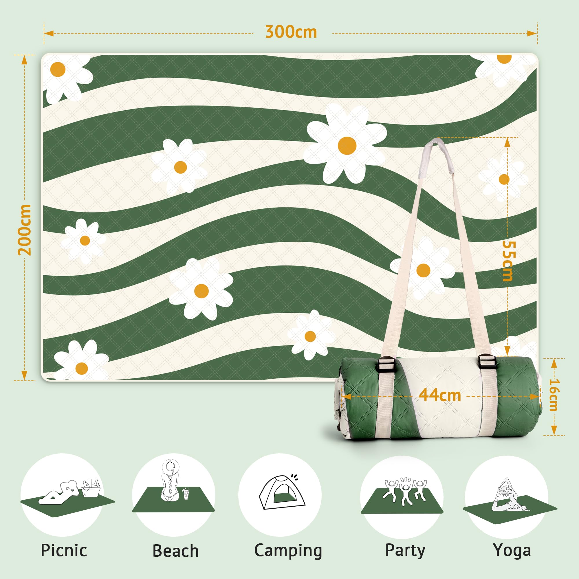 LARUTAN Coperta da spiaggia, impermeabile e lavabile, coperta da picnic portatile con tracolla, perfetta per spiaggia e picnic, 200 x 300 cm