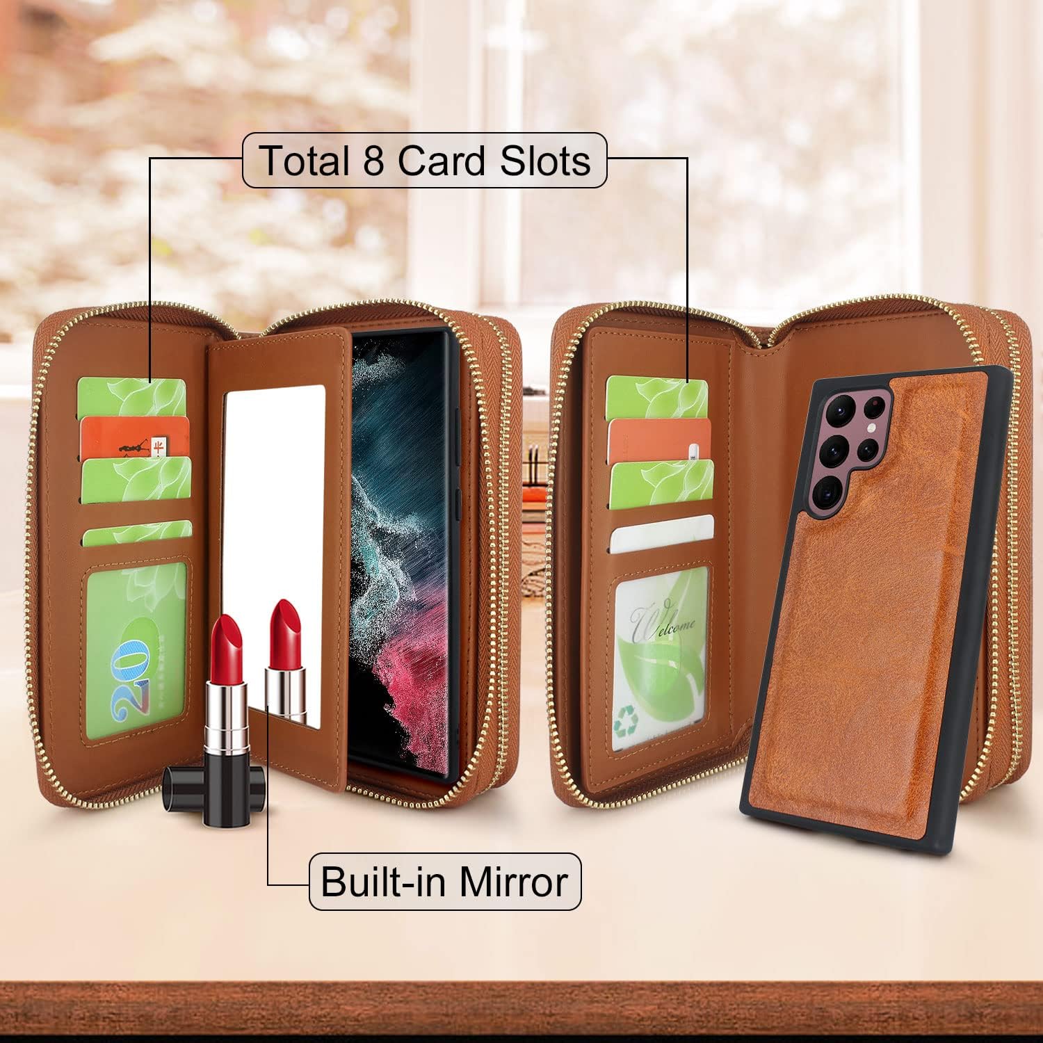 Harryshell Compatible with Samsung Galaxy S22 Ultra 5G 6.8 inch (2022) Case Wallet Multi Zipper Detachable Magnetic Cover Purse Bag with Card Slots Holder Mirror Crossbody Strap (Light Brown)