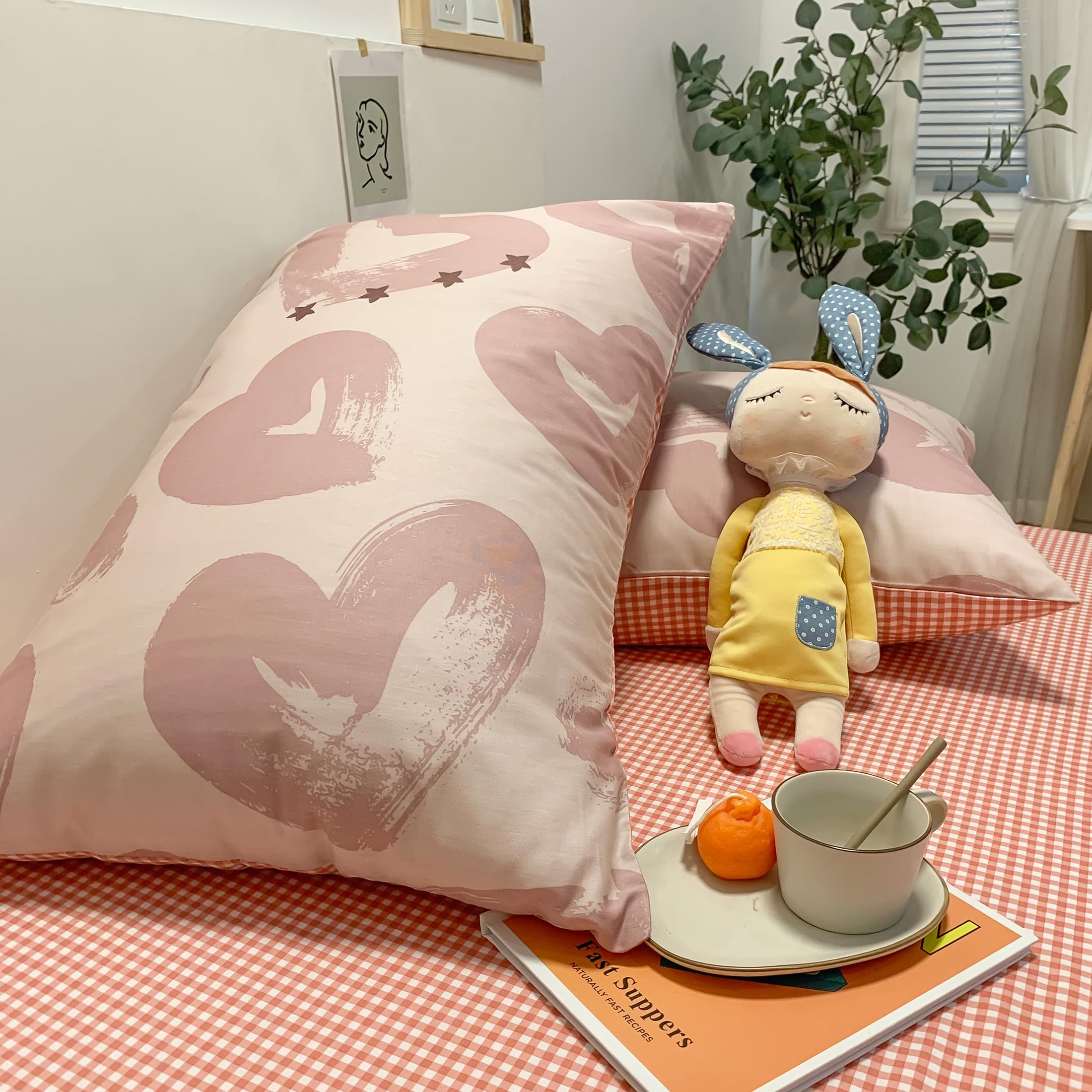 GETIYA Biancheria da letto da donna e ragazza, 135 x 200 cm, in cotone, motivo cuore, copripiumino singolo, romantico, rosa, reversibile, con chiusura lampo e 1 federa 80 x 80 cm