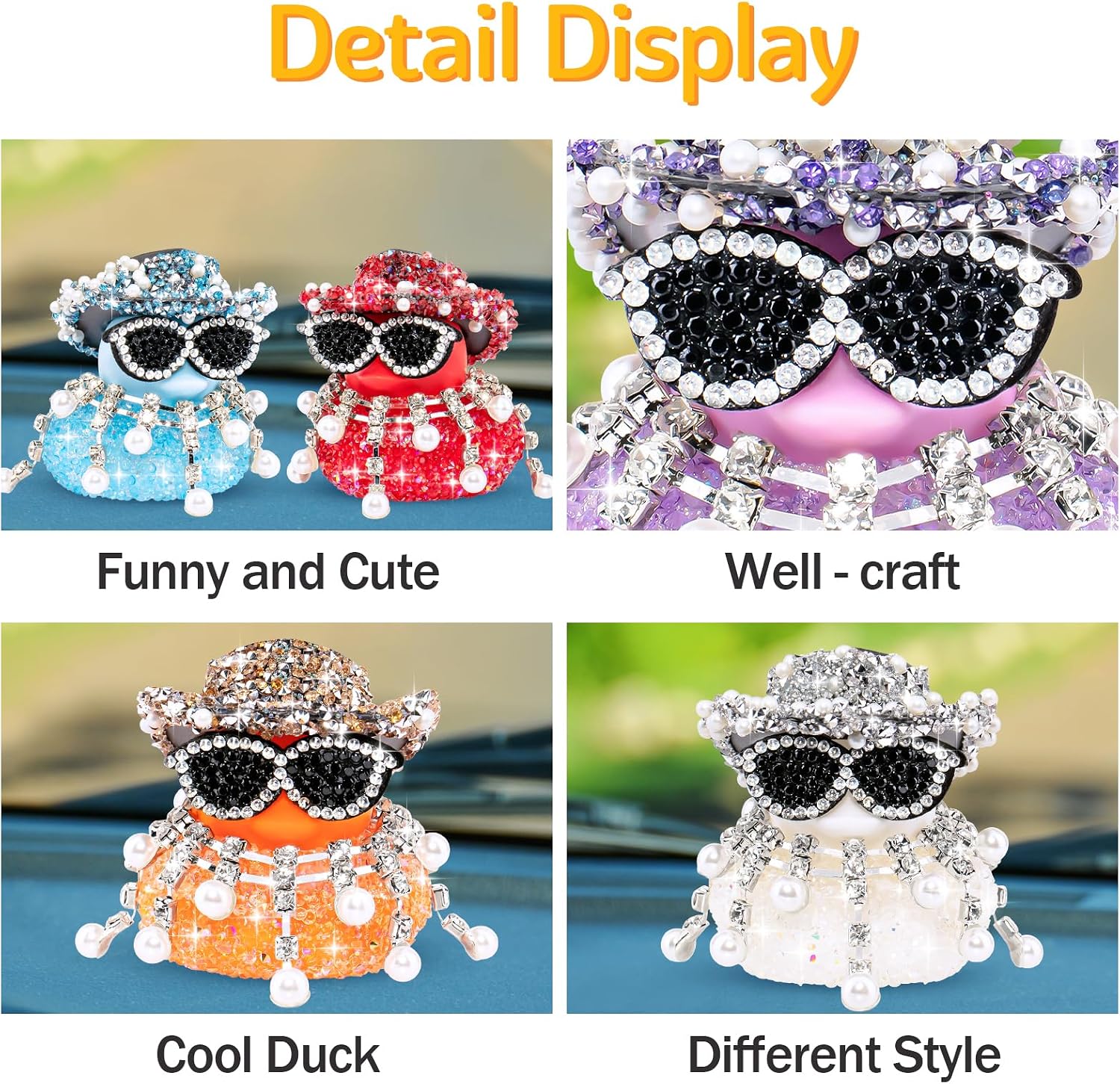 wonuu Long Pearl Necklace Diamond Rubber Duck Car Ornaments Dashboard Decorations for Cool Car Accessories, White