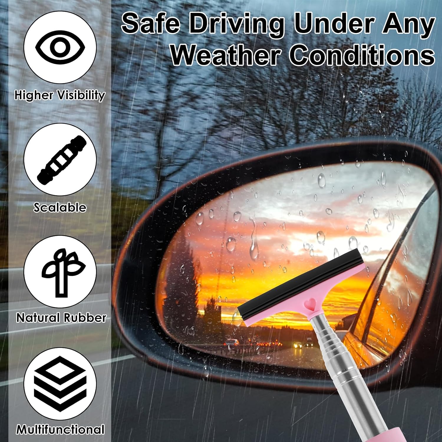 3PCS Side Mirror Squeegee, 38.5" Retractable Car Rearview Mirror Wiper, Pink Green Black Auto Mirror Squeegee Cleaner for Rainy Foggy Weather for Universal Vehicles (3PCS Multicolored)