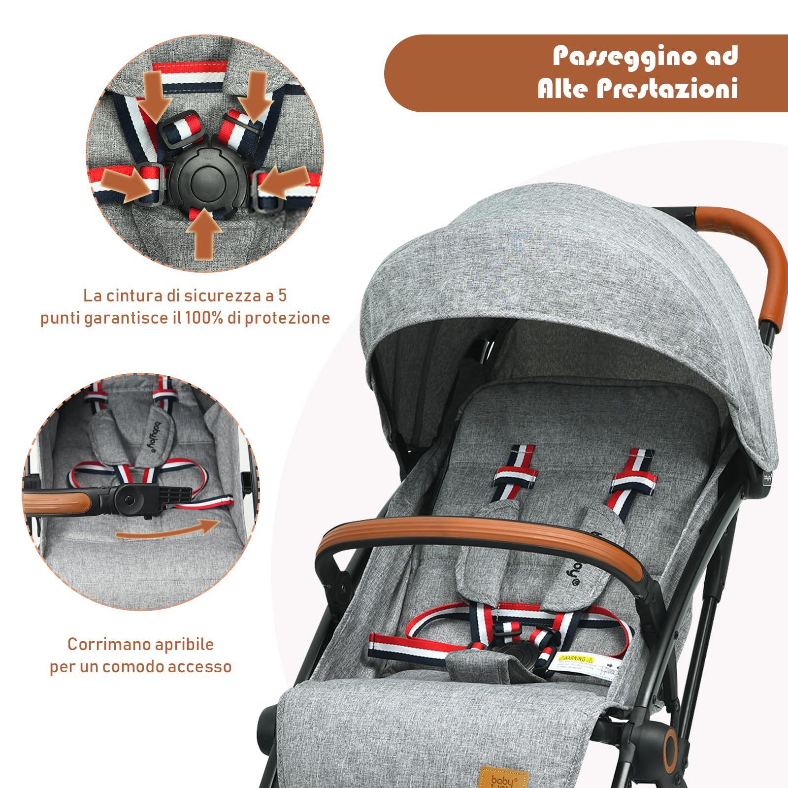 RELAX4LIFE Passeggino Leggero per Bambole 0-3 Anni, Passeggino Pieghevole con Una Mano, Telaio in Alluminio, Schienale Regolabile, Passeggino da Viaggio con Zanzariera e Cinture 5punti (Grigio)