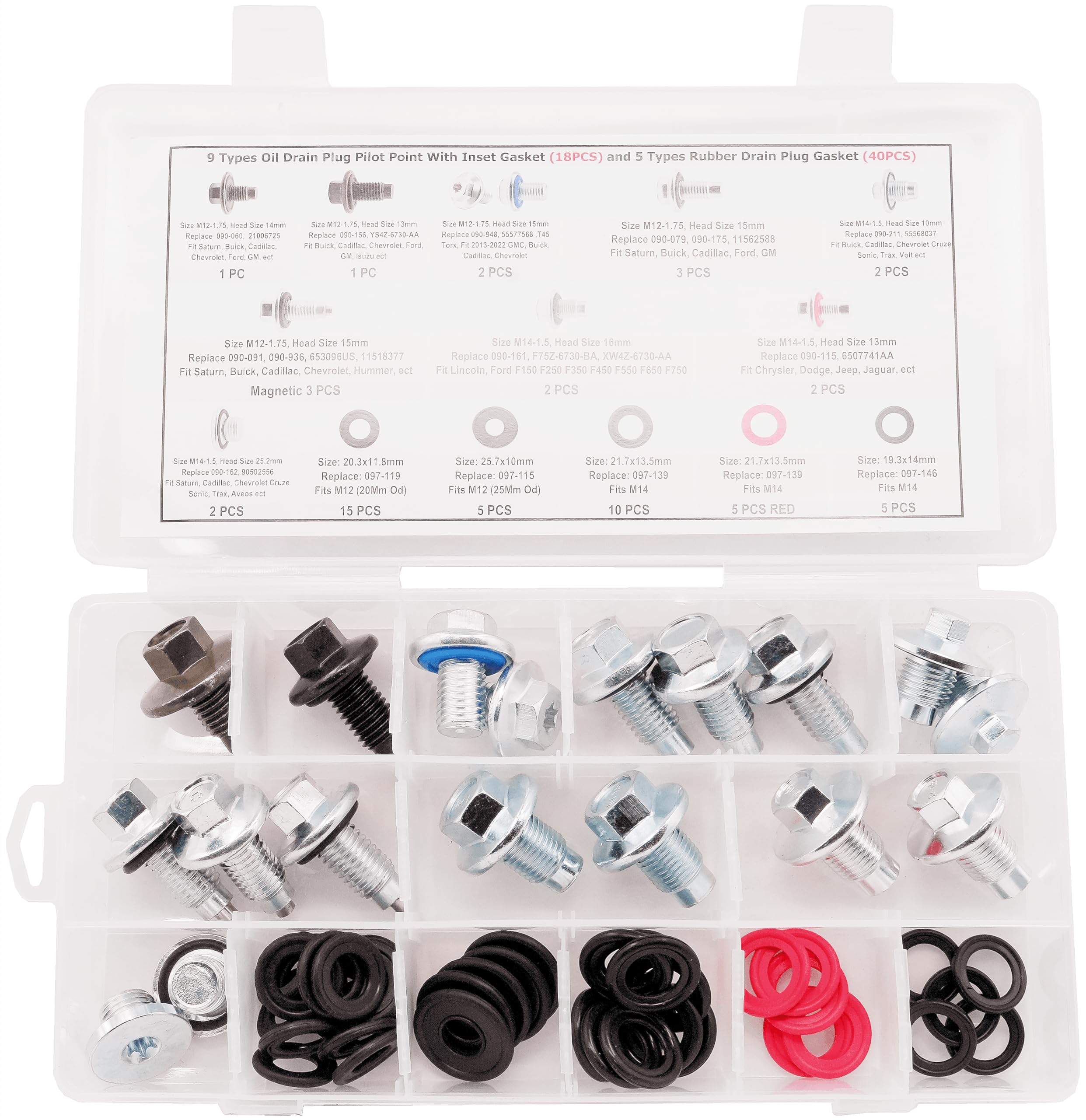 Surtido de 9 tipos de tapones de drenaje de aceite (18 piezas) y 5 tipos de juntas de goma (40 piezas) para GMC, Buick, Cadillac, Chevrolet, Ford, sustituye 090-115, 653116US, 090-091