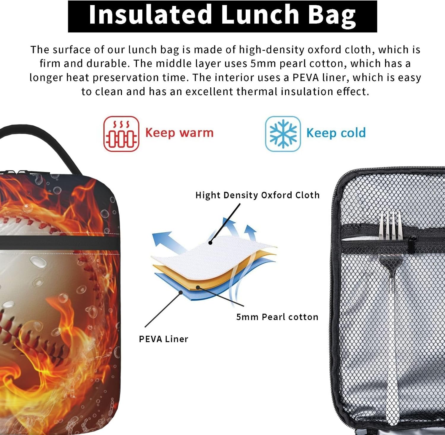 Insulated Lunch Box for Boys Adults Baseball Lunch Box for Work,Picnic,School,Travel,Hiking,Beach or Fishing Polyester Fire Baseball Sport Theme Lunch Bag