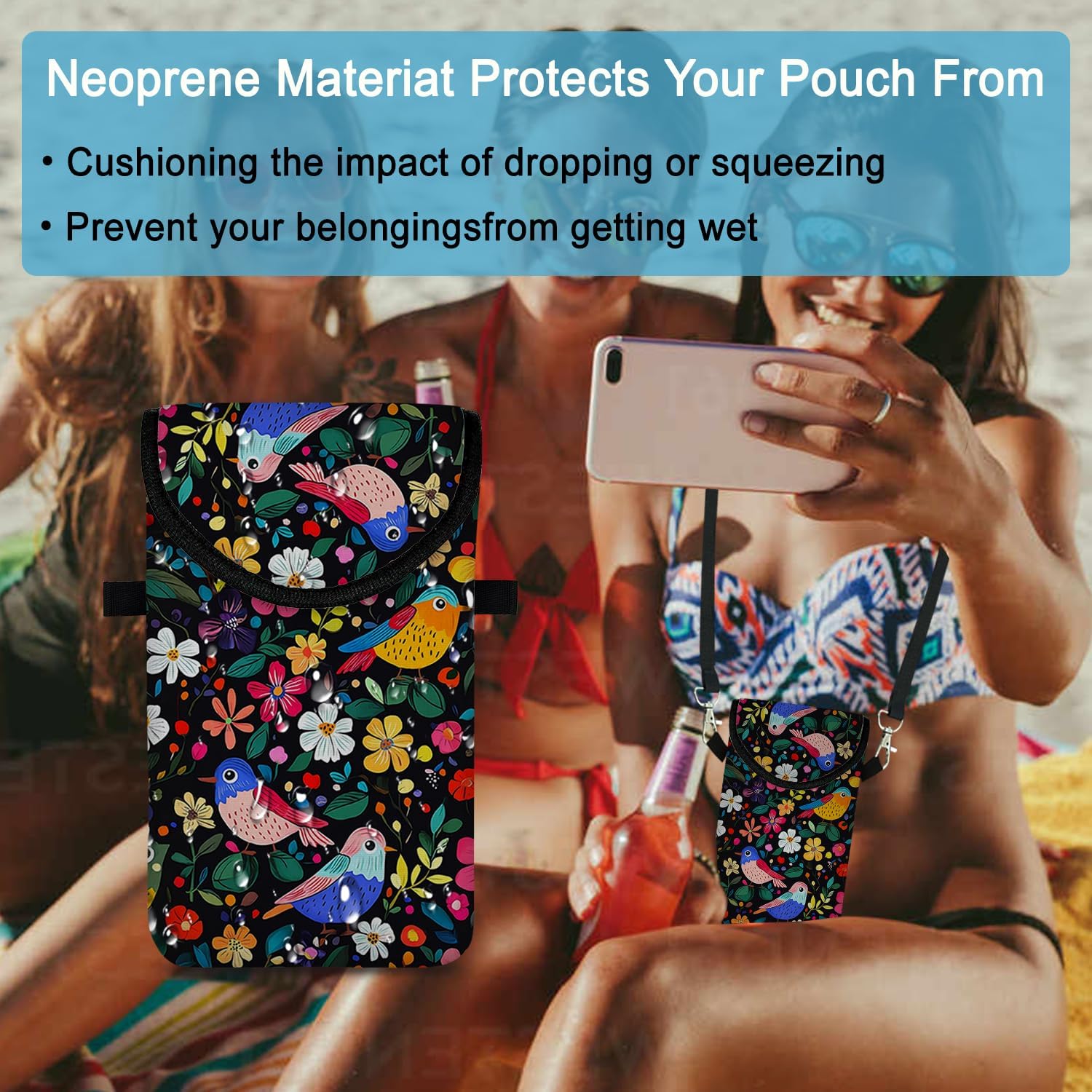 Neoprene Cell Phone Sleeve Pouch Case Bag with Crossbody Strap Neck Lanyard for Women 7.5 X 4.3 in Flower Bird - Image 5
