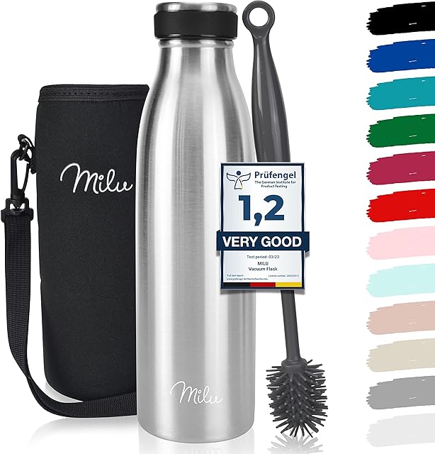 Milu z nierdzewnej stali Butelka do picia 500ml, 750ml, 1000ml - termos, izolowana butelka na wodę, szczelna izolowana butelka o podwójnych ściankach, odporna na kwas węglowy - w zestawie szczotka do czyszczenia (Stal nierdzewna,