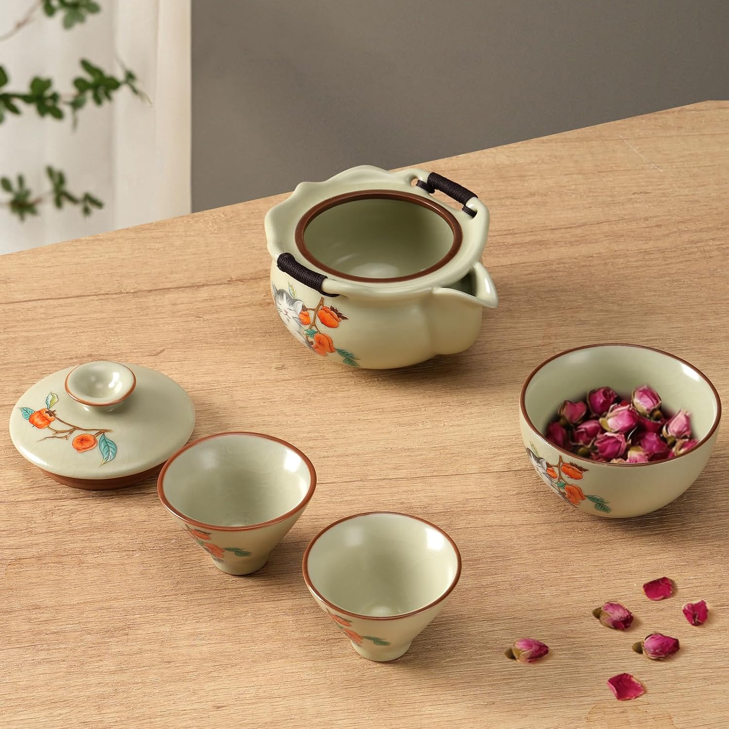 Mini Cute Cat Ceramic Tea Set with Persimmon Pattern,Japanese Style Crackle Glaze Teapot and Teacups Set - Unique Gift for Cat Lovers, Housewarming, Afternoon Tea (1 Teapot, 3 Cups),Ru Kiln Yellow
